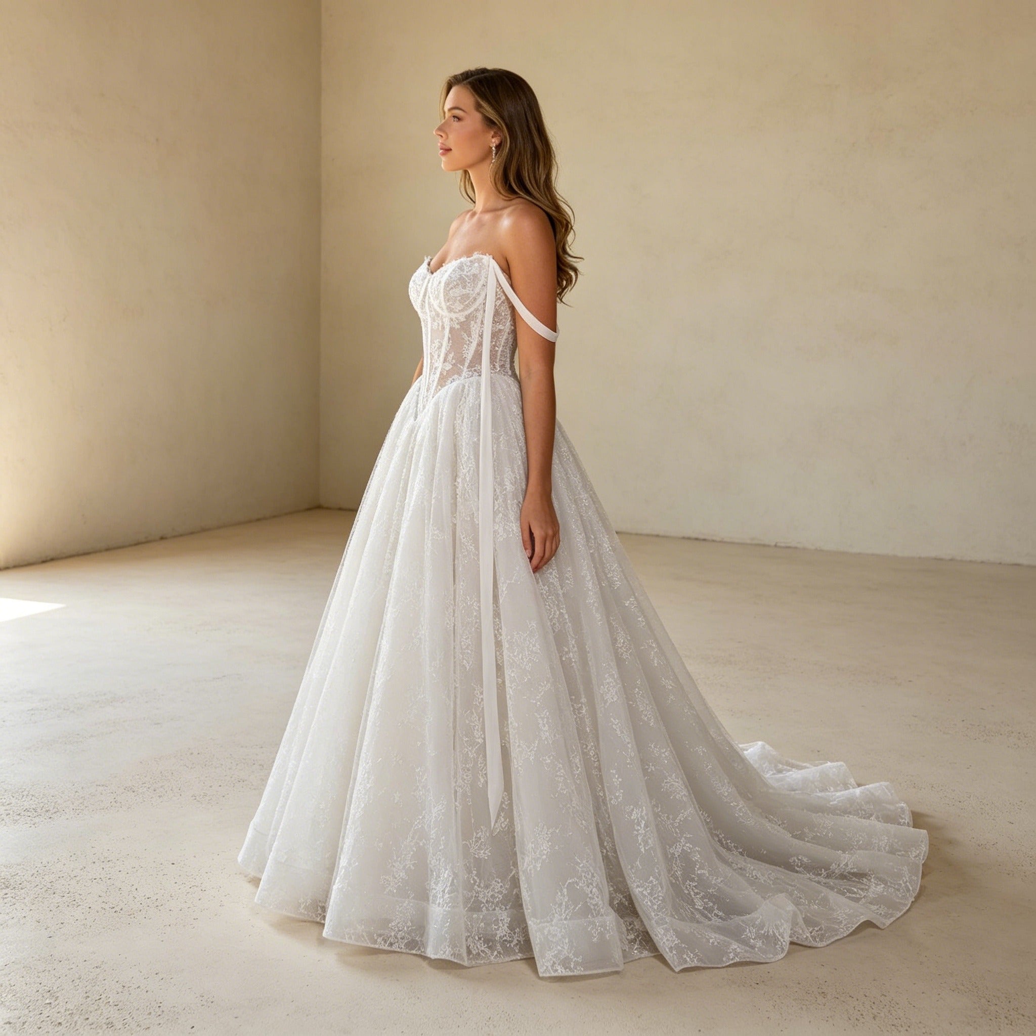 Romantisches Off-Shoulder Prinzessinnenkleid aus Spitze mit Schnürung