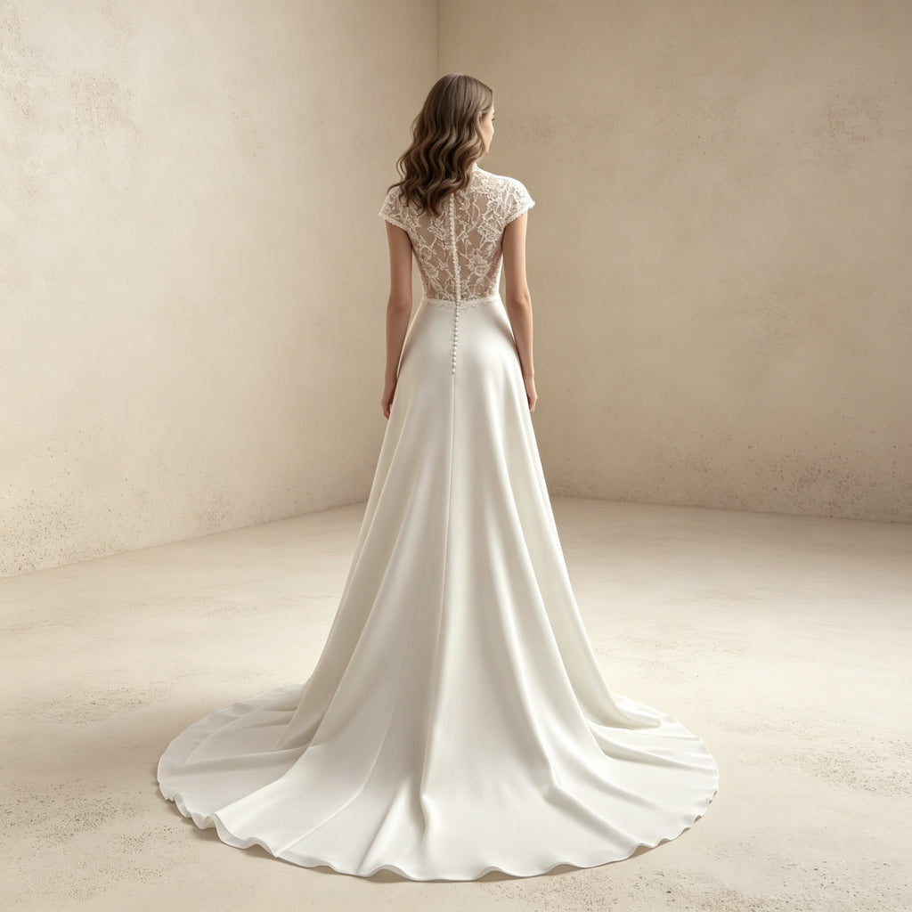 Elegantes Hochgeschlossenes Abendkleid mit Spitze | Maxikleid in Crèmeweiß