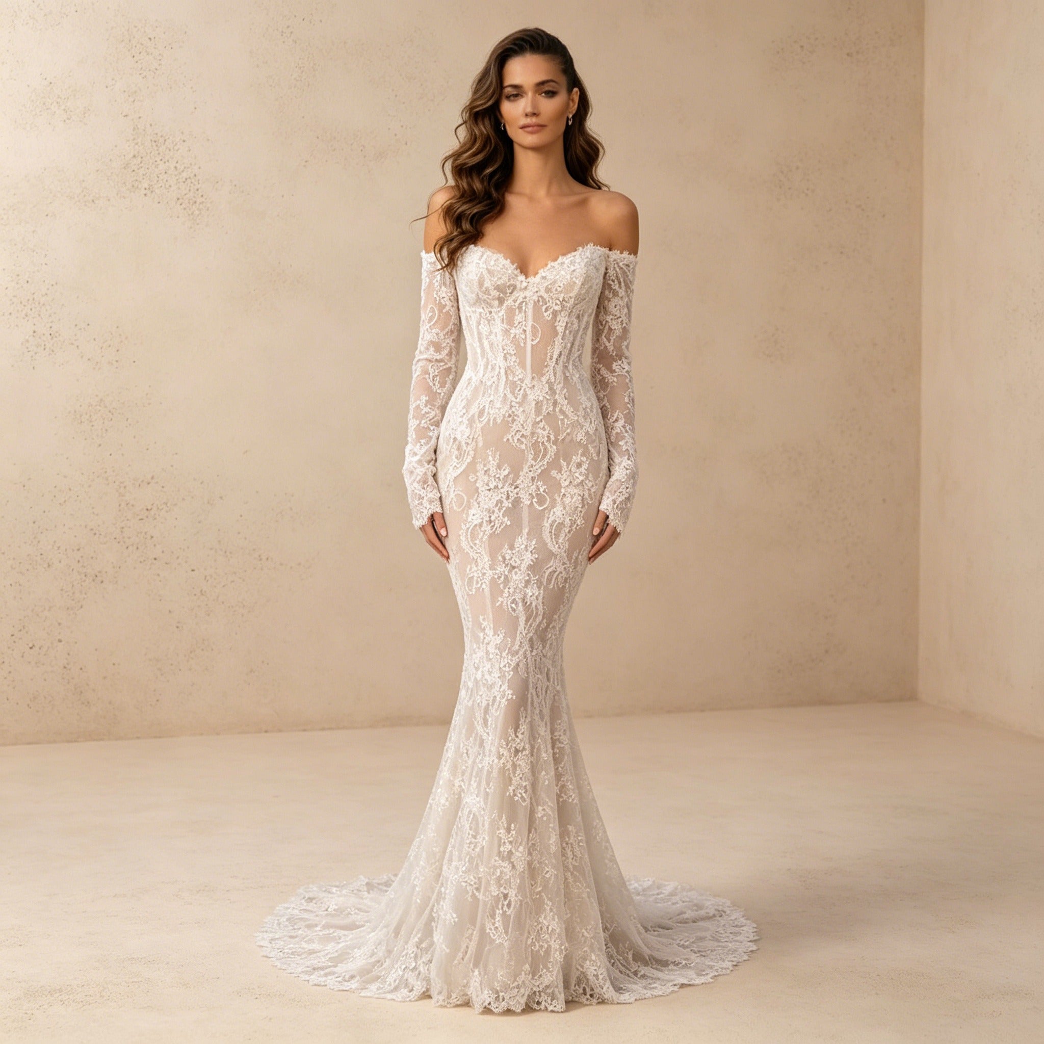 Off-Shoulder Abendkleid im Meerjungfrau-Stil mit Spitze und Schleppe