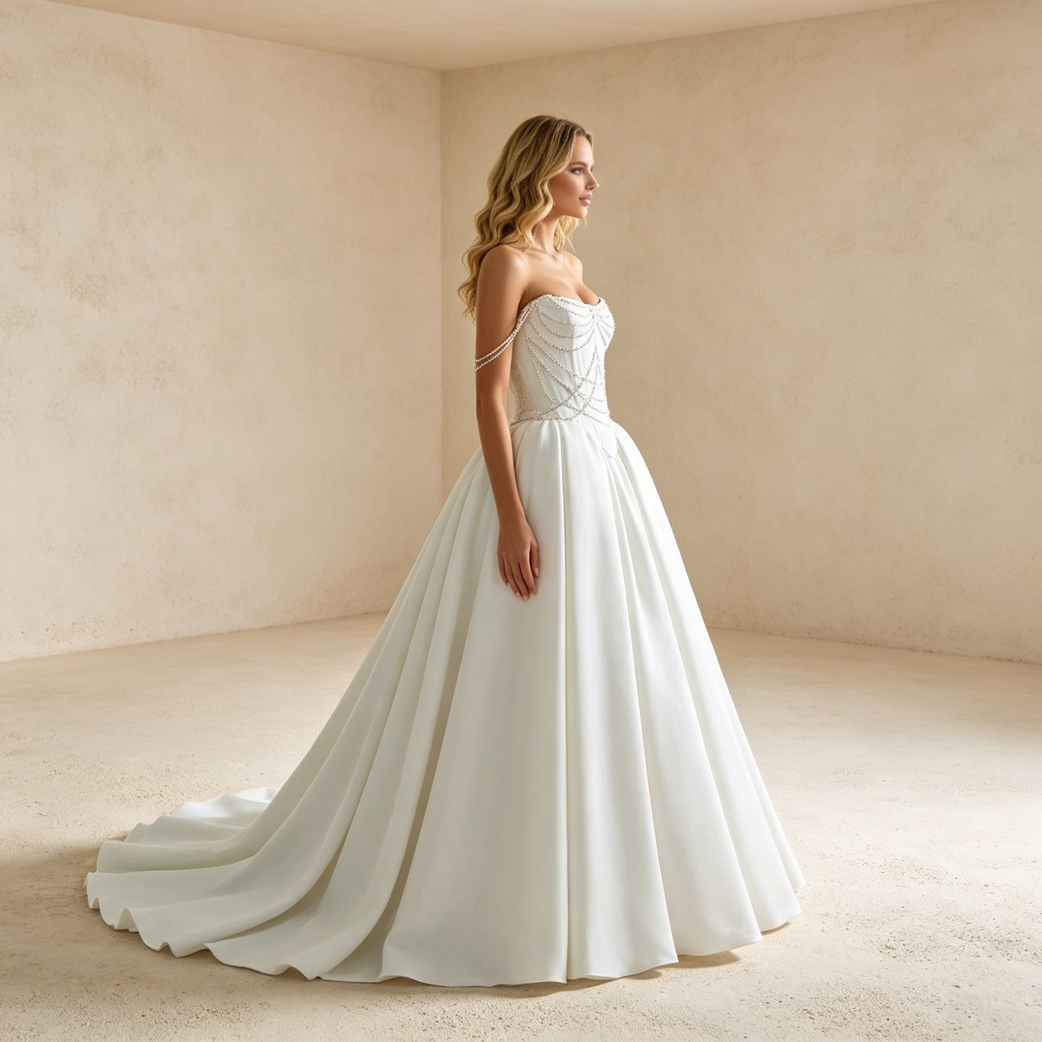 Trägerloses Satin-Abendkleid mit Perlenkaskaden – Bodenlanges Korsagen-Ballkleid