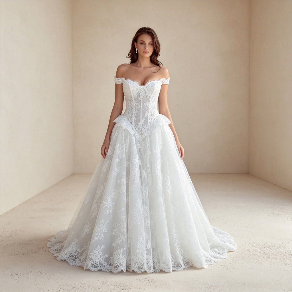 Festliches Ballkleid mit Spitze und Off-Shoulder-Trägern – Elegantes Maxikleid