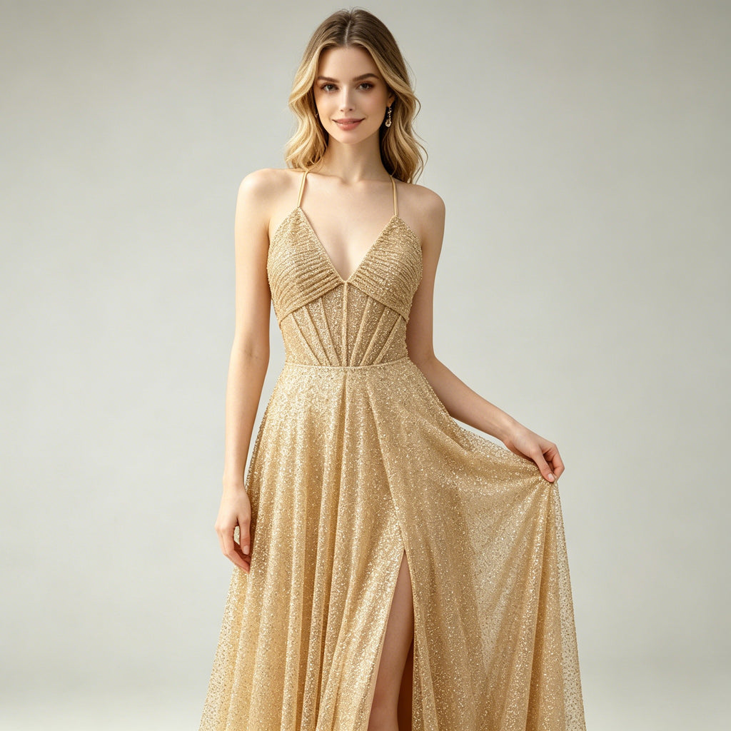 Goldene Glitzer-Abendrobe mit Beinschlitz – Elegantes Korsagenkleid mit Spaghetti-Trägern