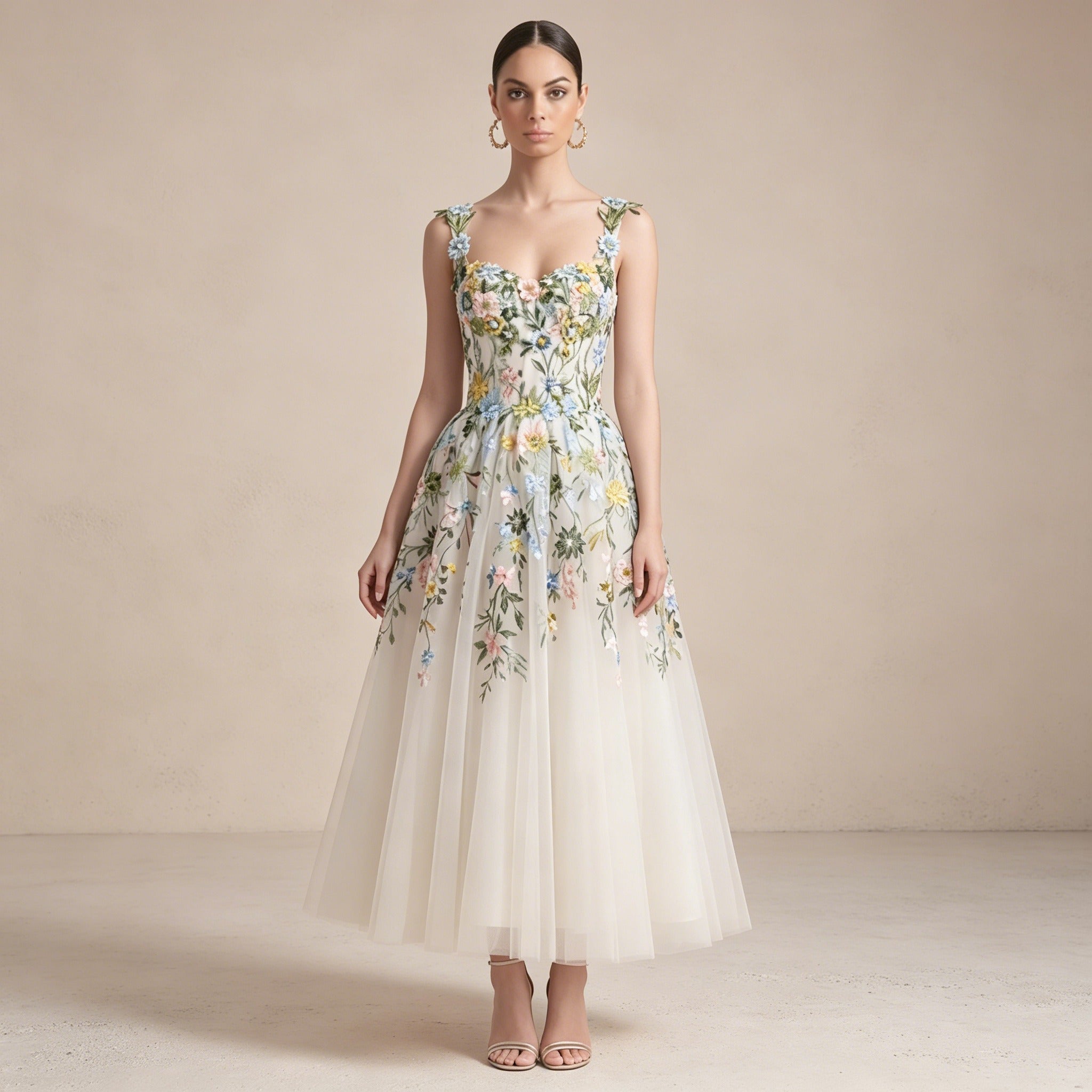 Festliches Kleid in A-Linie mit floraler Stickerei und Tüll-Rock