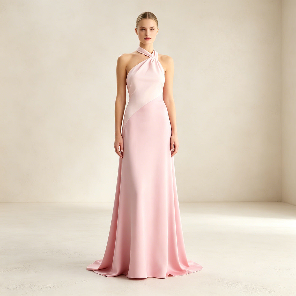 Bodenlanges Abendkleid mit Halterneck-Ausschnitt und Color-Blocking in Rosa