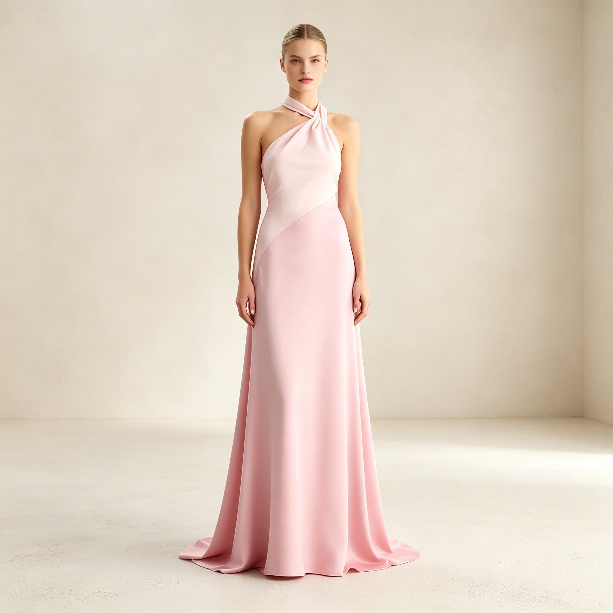 Bodenlanges Abendkleid mit Halterneck-Ausschnitt und Color-Blocking in Rosa