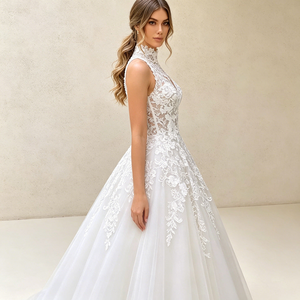 Elegantes A-Linien Abendkleid mit Neckholder-Stehkragen und Spitze