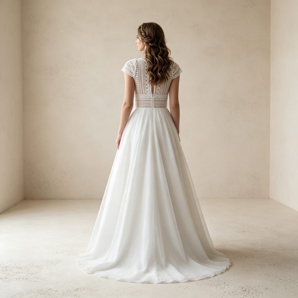 Elegantes A-Linien Abendkleid mit Boho-Spitze und Capsleeves