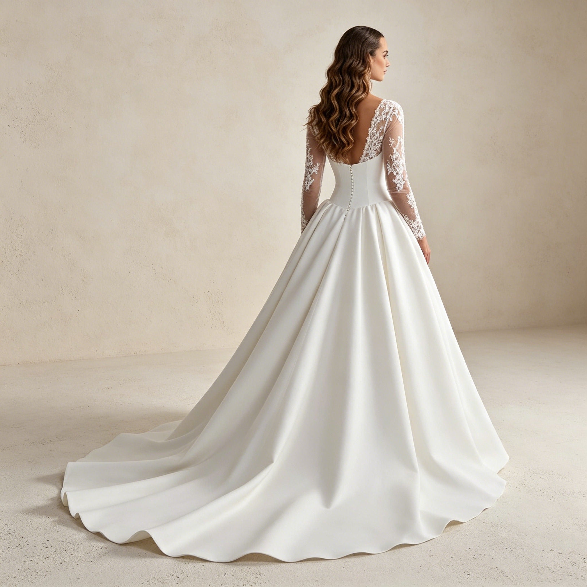 Elegantes Satin-Abendkleid mit Spitzenärmeln – Bodenlanges Ballkleid mit V-Ausschnitt
