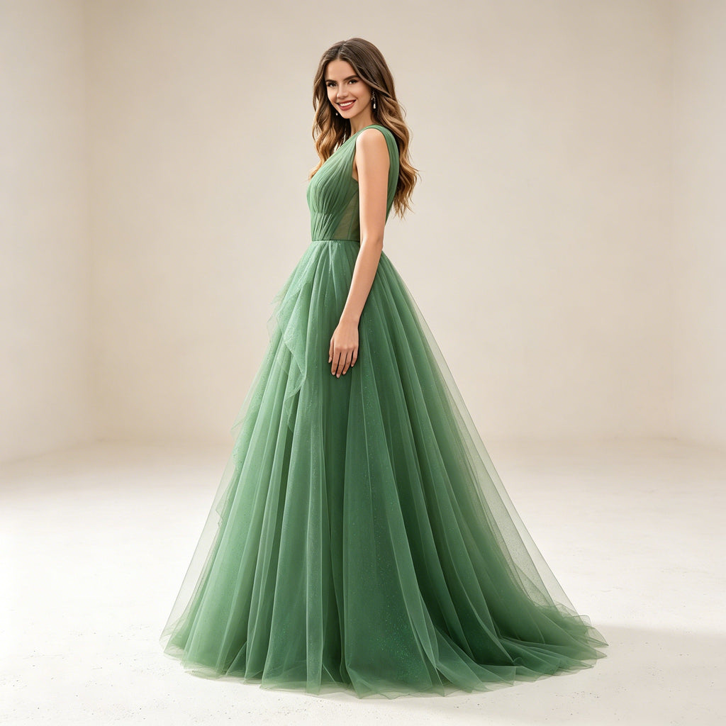 Bodenlanges Abendkleid aus Tüll in Smaragdgrün mit Kaskaden-Rüschen