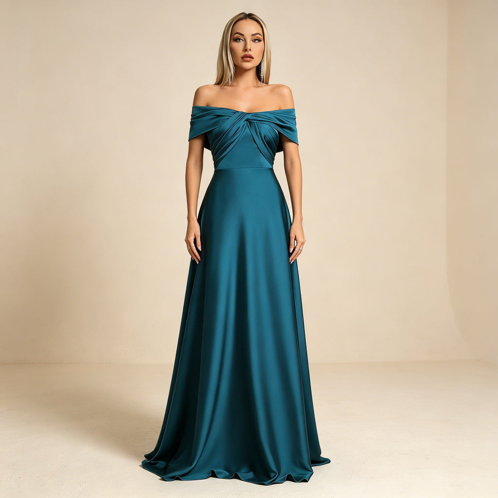 Smaragdgrünes Off-Shoulder Abendkleid aus Satin – Elegante Maxirobe für Damen