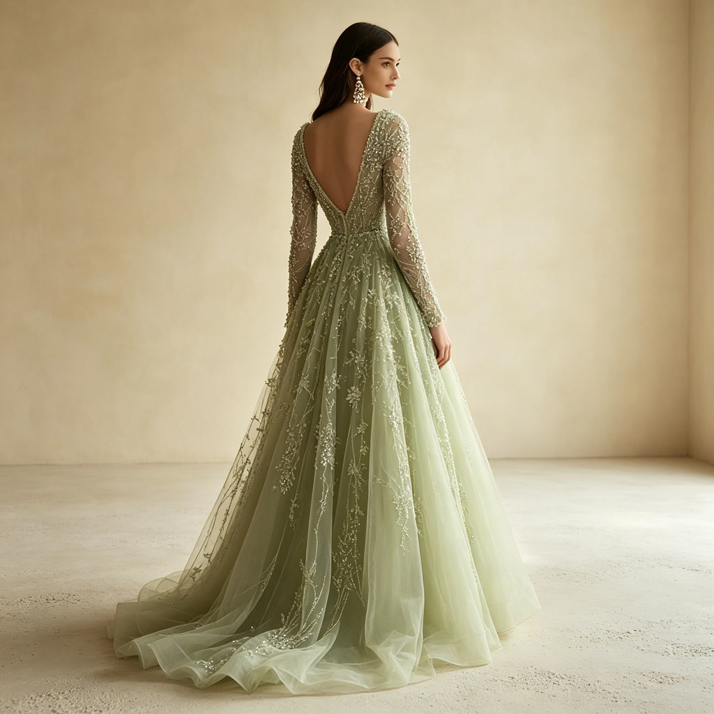 Salbeigrünes Abendkleid mit Pailletten-Stickerei – A-Linie-Robe mit V-Ausschnitt und Langarm