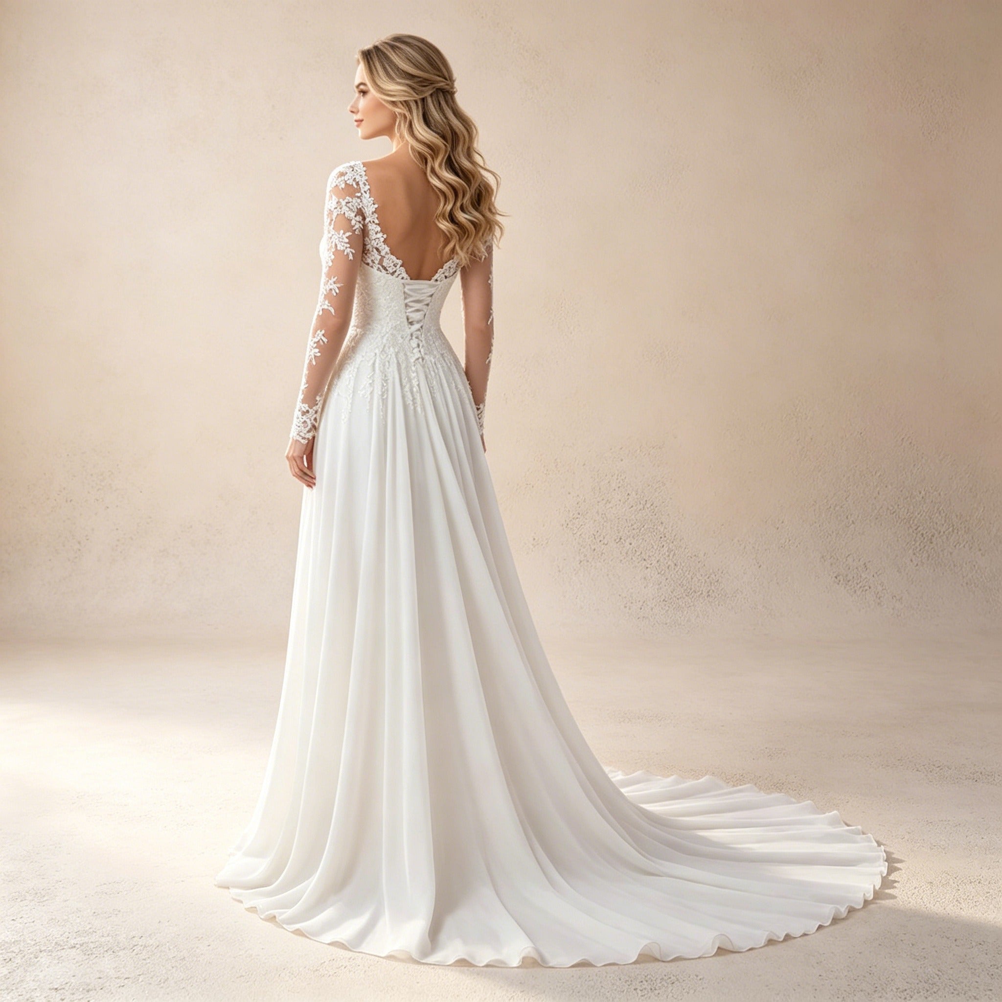 Elegantes weißes Maxikleid mit floraler Spitze und V-Ausschnitt, langärmliges Abendkleid in A-Linie