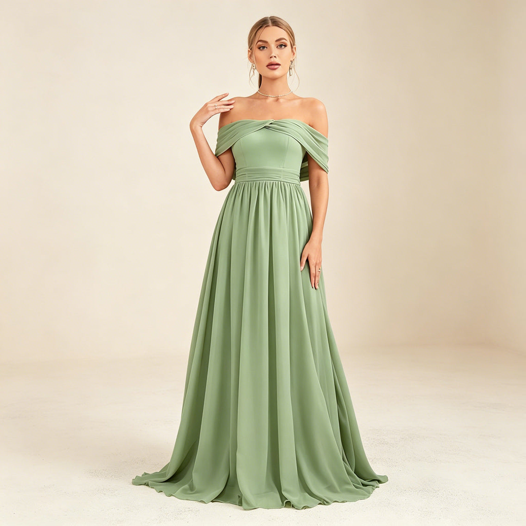 Salbeigrünes Off-Shoulder Abendkleid aus Chiffon – Elegante Maxirobe