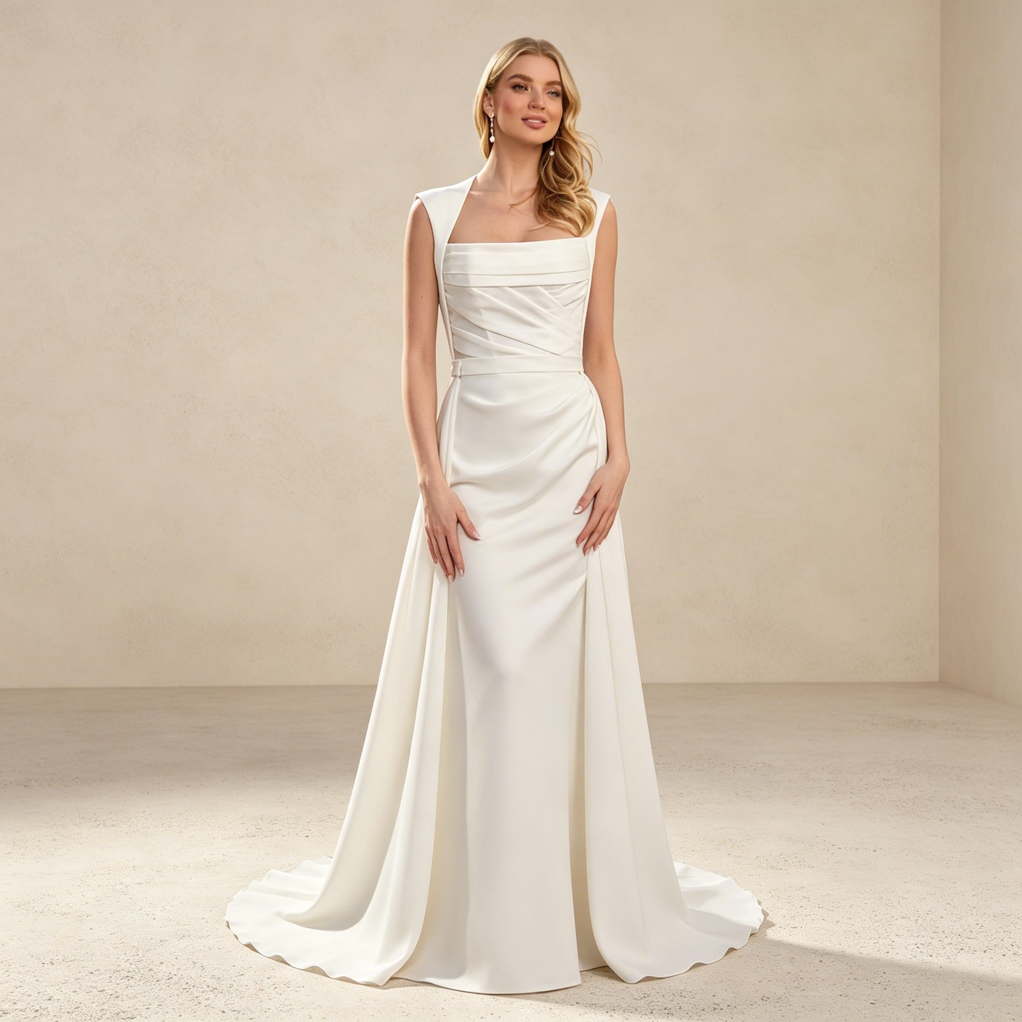 Satin-Abendkleid mit eckigem Ausschnitt und Drapierung – Elegantes Maxikleid mit Schleppe