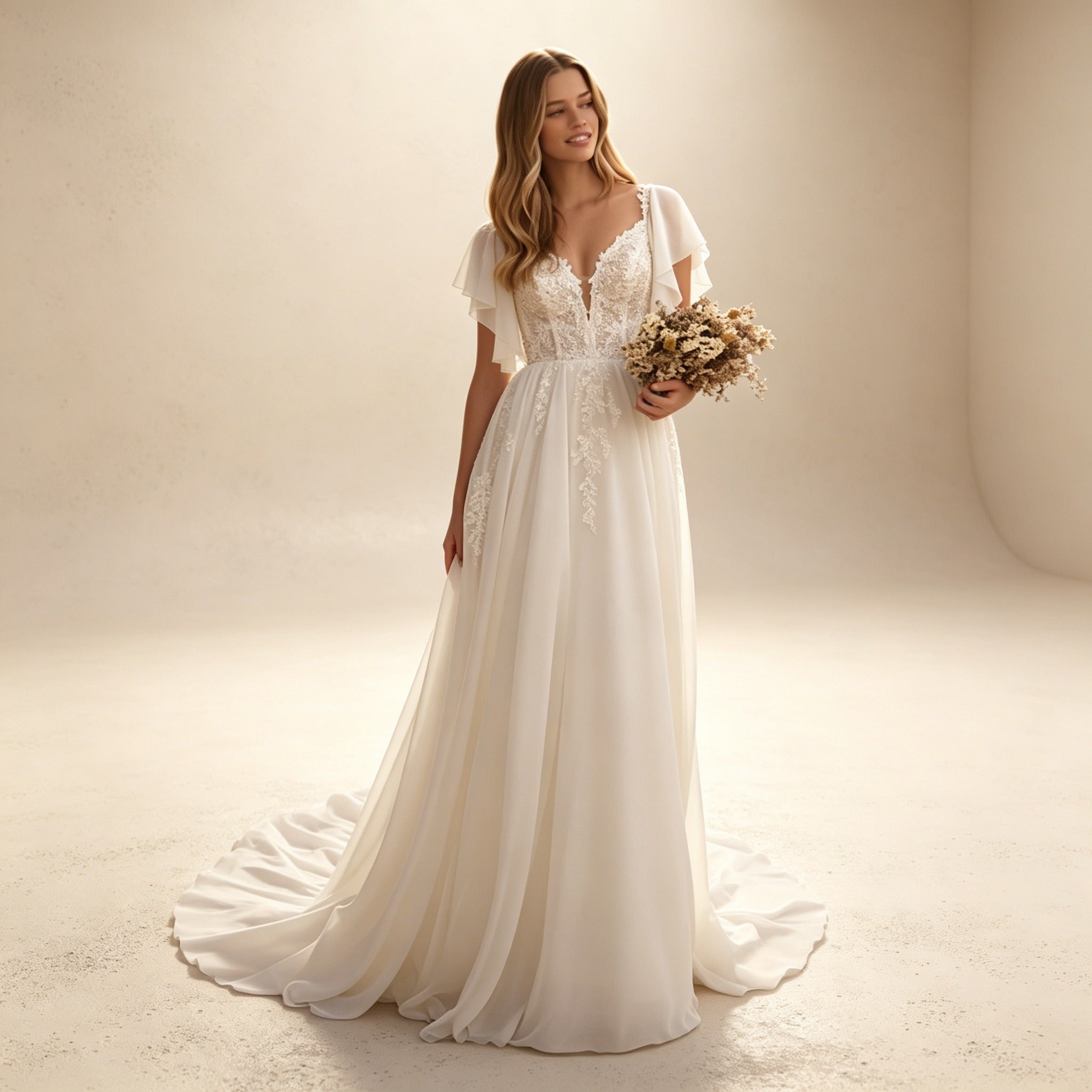 Romantisches Abendkleid im Boho-Stil mit Flatterärmeln | Flowy Maxikleid in Crèmeweiß