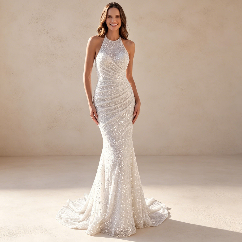 Elegantes Halterneck Abendkleid mit Pailletten – Funkelndes Maxi-Festkleid in Weiß