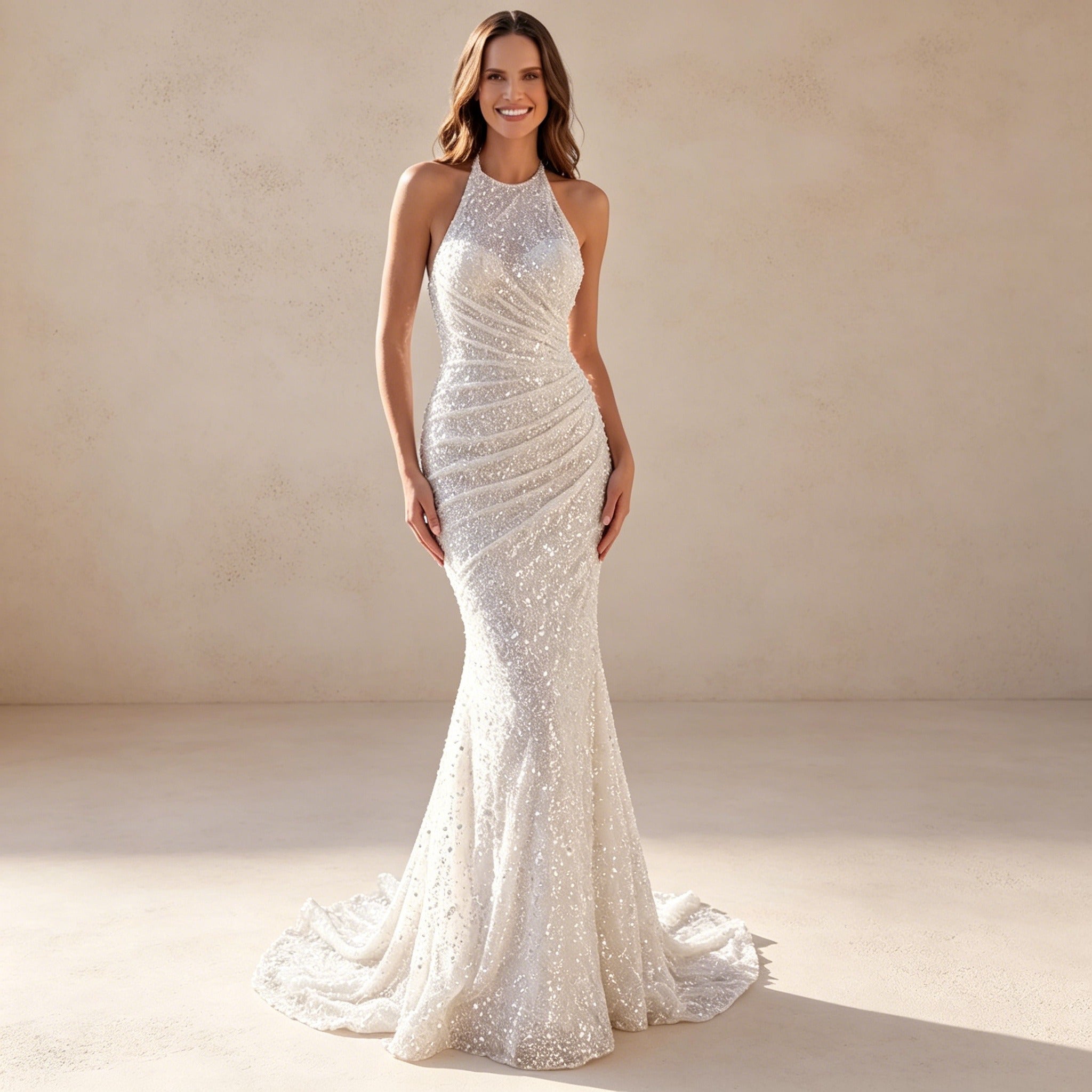 Elegantes Halterneck Abendkleid mit Pailletten – Funkelndes Maxi-Festkleid in Weiß