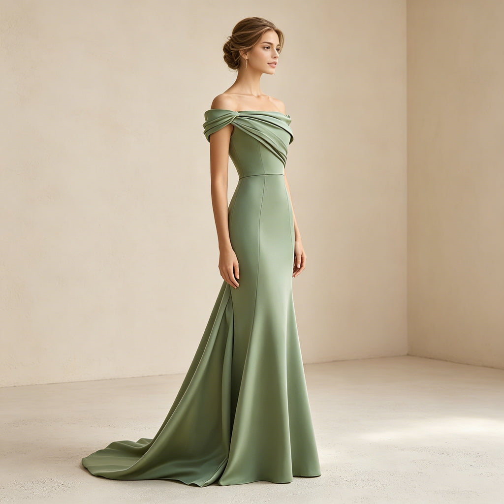 Olivgrünes Off-Shoulder Abendkleid aus Satin – Elegante Meerjungfrau-Robe