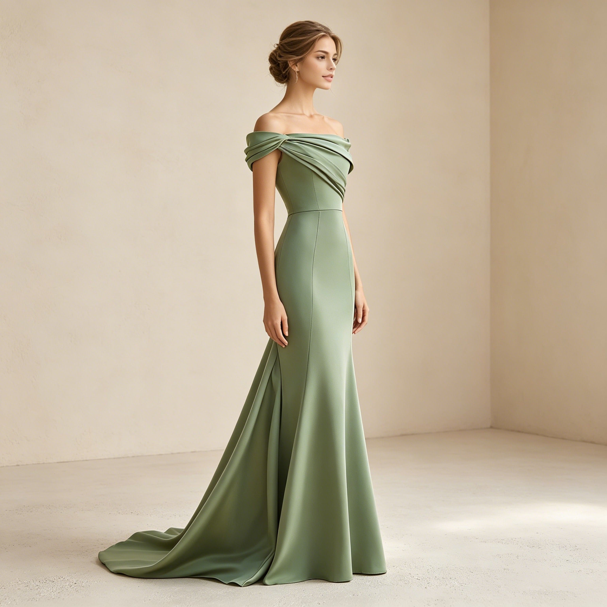 Olivgrünes Off-Shoulder Abendkleid aus Satin – Elegante Meerjungfrau-Robe