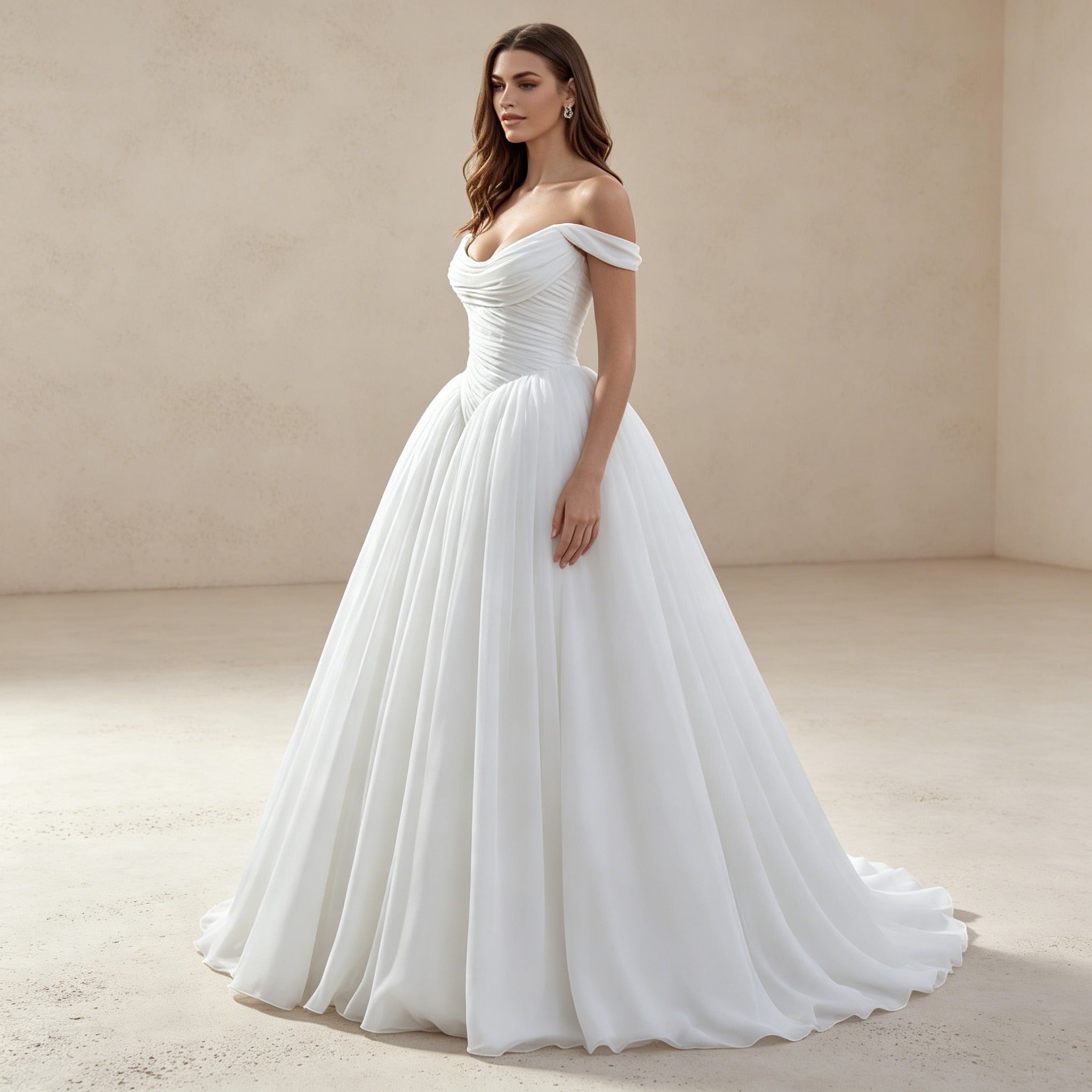 Off-Shoulder Abendkleid mit feiner Raffung – Bodenlanges Ballkleid aus Tüll