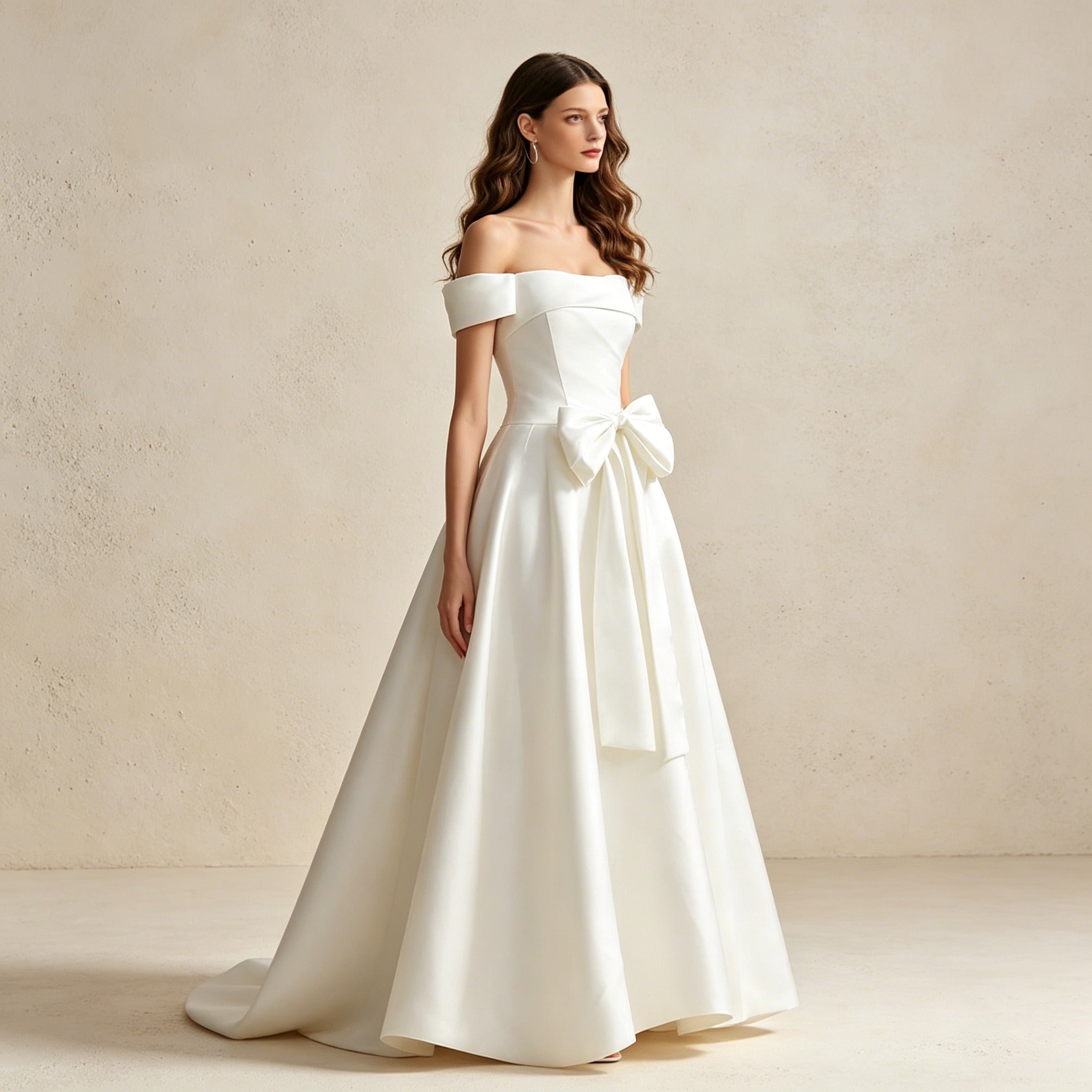 Off-Shoulder Abendkleid mit großer Schleife – Elegantes Satin-Maxikleid in Weiß