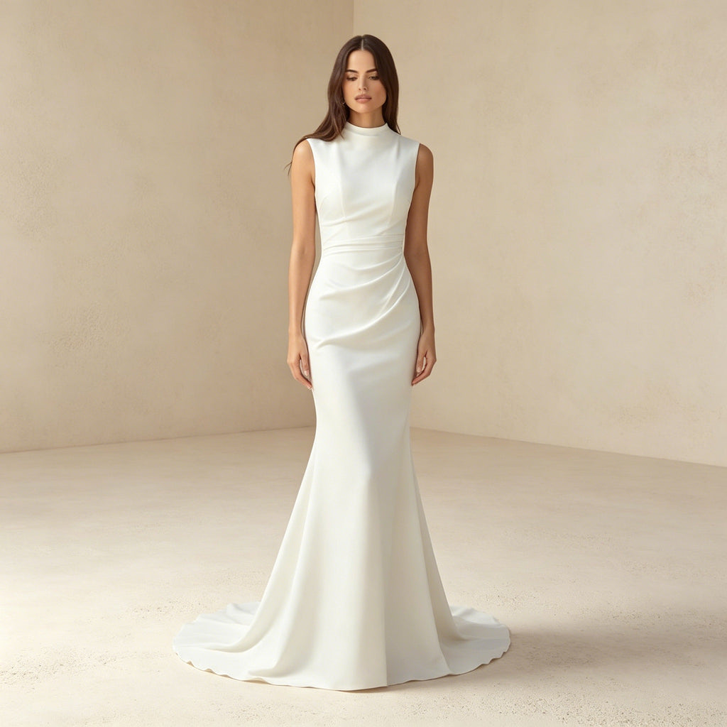 Elegantem Abendkleid mit Stehkragen – Ärmelloses Meerjungfrau-Kleid aus Satin