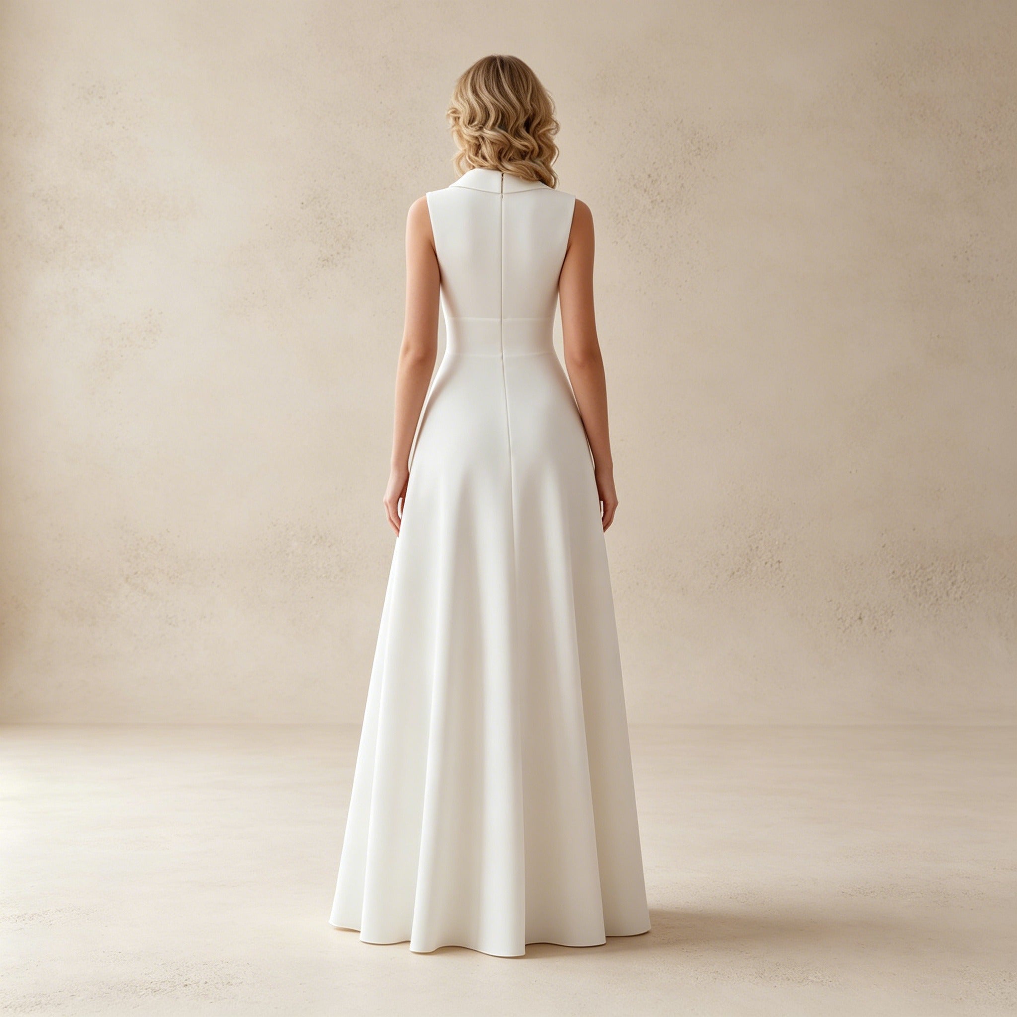 Ärmelloses Satin Festkleid mit V-Ausschnitt – Stilvolles Damen Eventkleid in Weiß