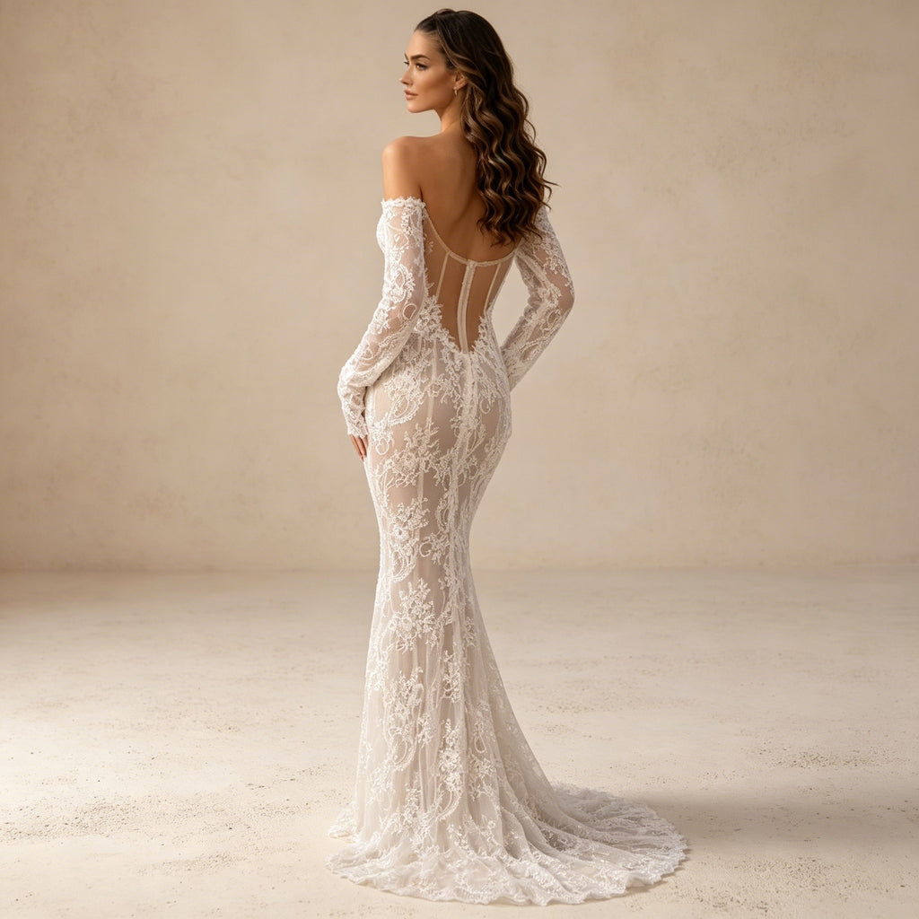 Off-Shoulder Abendkleid im Meerjungfrau-Stil mit Spitze und Schleppe
