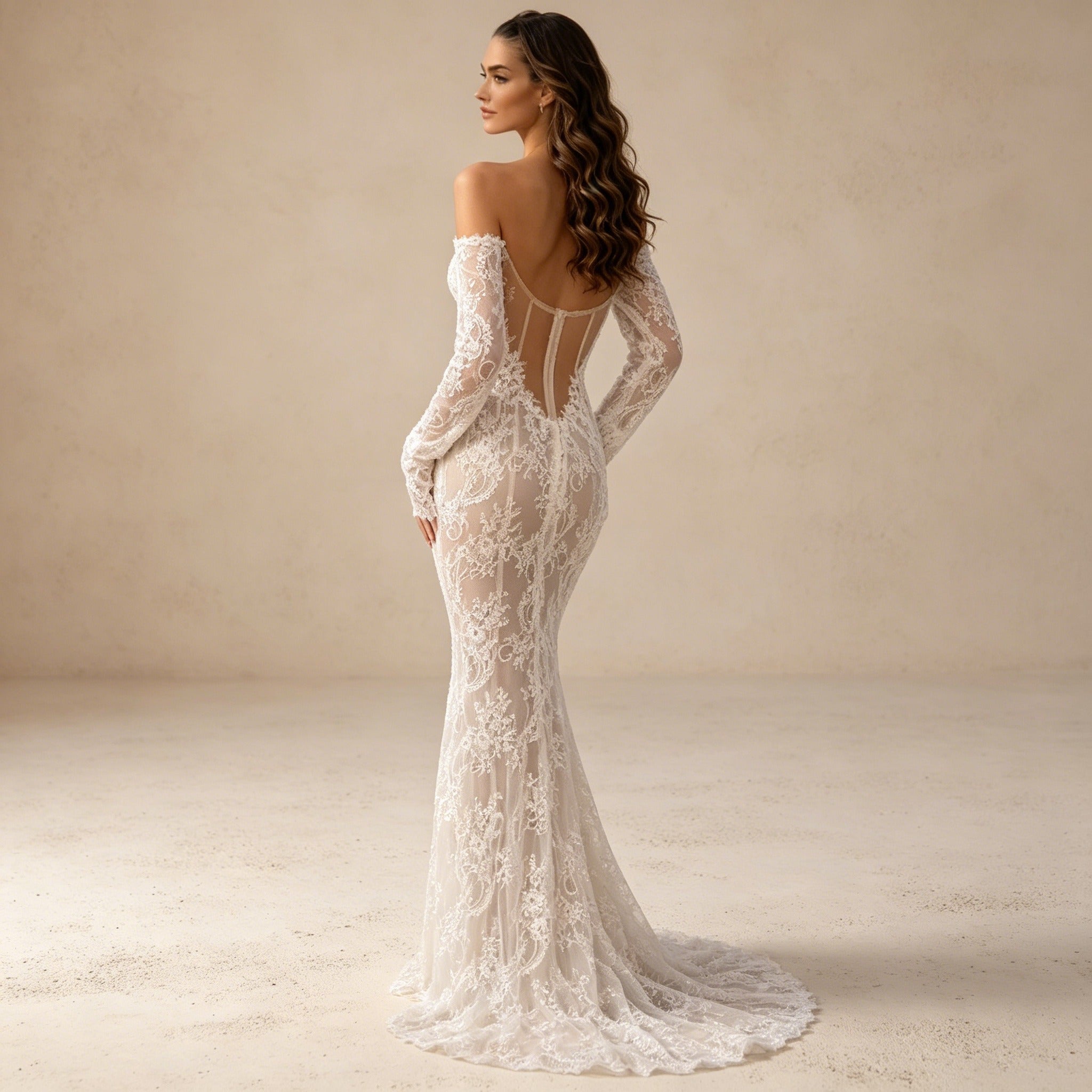 Off-Shoulder Abendkleid im Meerjungfrau-Stil mit Spitze und Schleppe