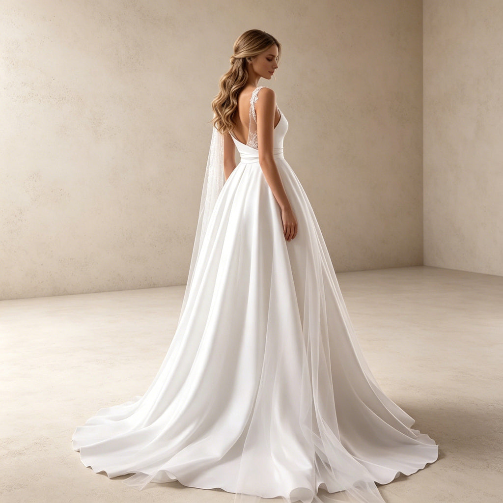 Romantisches A-Linien Gala-Kleid aus Satin mit Stickerei und Schleppe