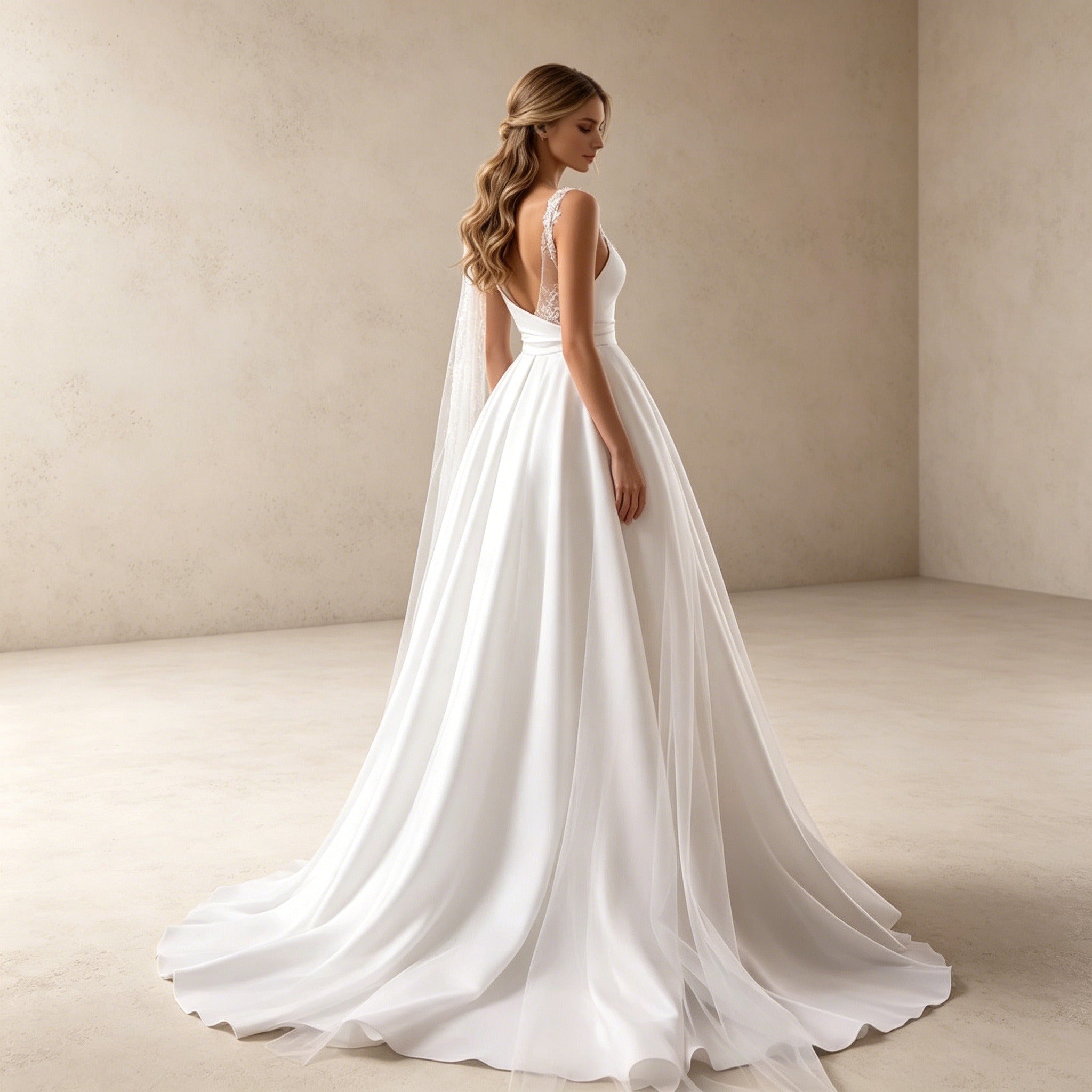 Romantisches A-Linien Gala-Kleid aus Satin mit Stickerei und Schleppe