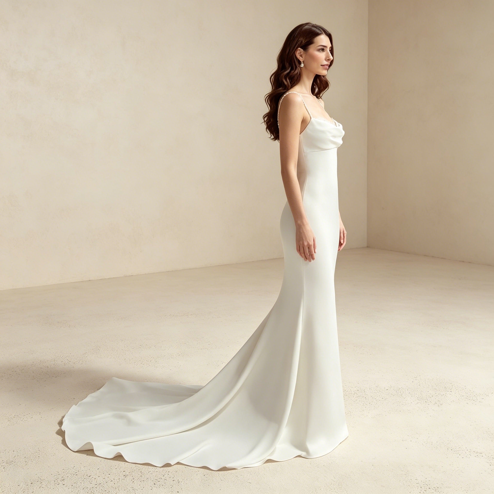 Abendkleid mit Wasserfall-Ausschnitt – Elegantes Spaghettiträger-Kleid mit Schleppe