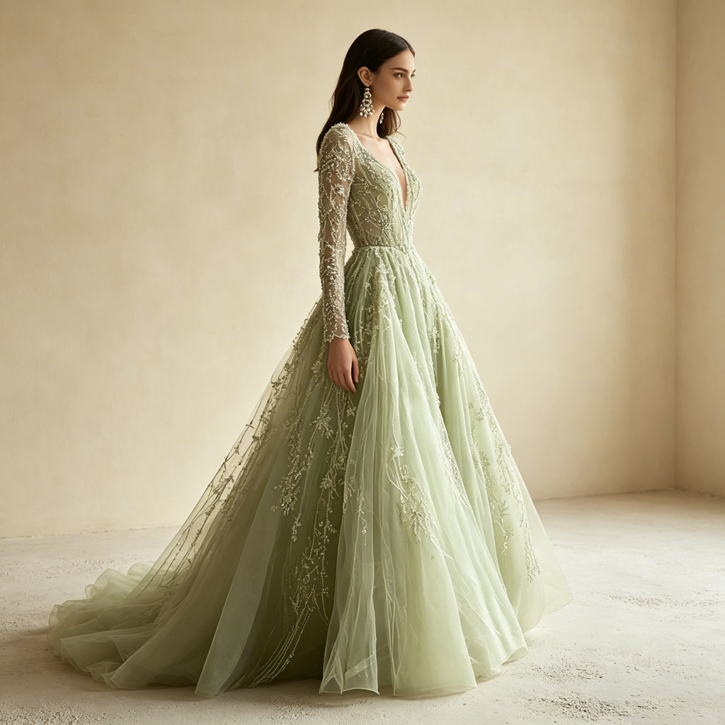 Salbeigrünes Abendkleid mit Pailletten-Stickerei – A-Linie-Robe mit V-Ausschnitt und Langarm