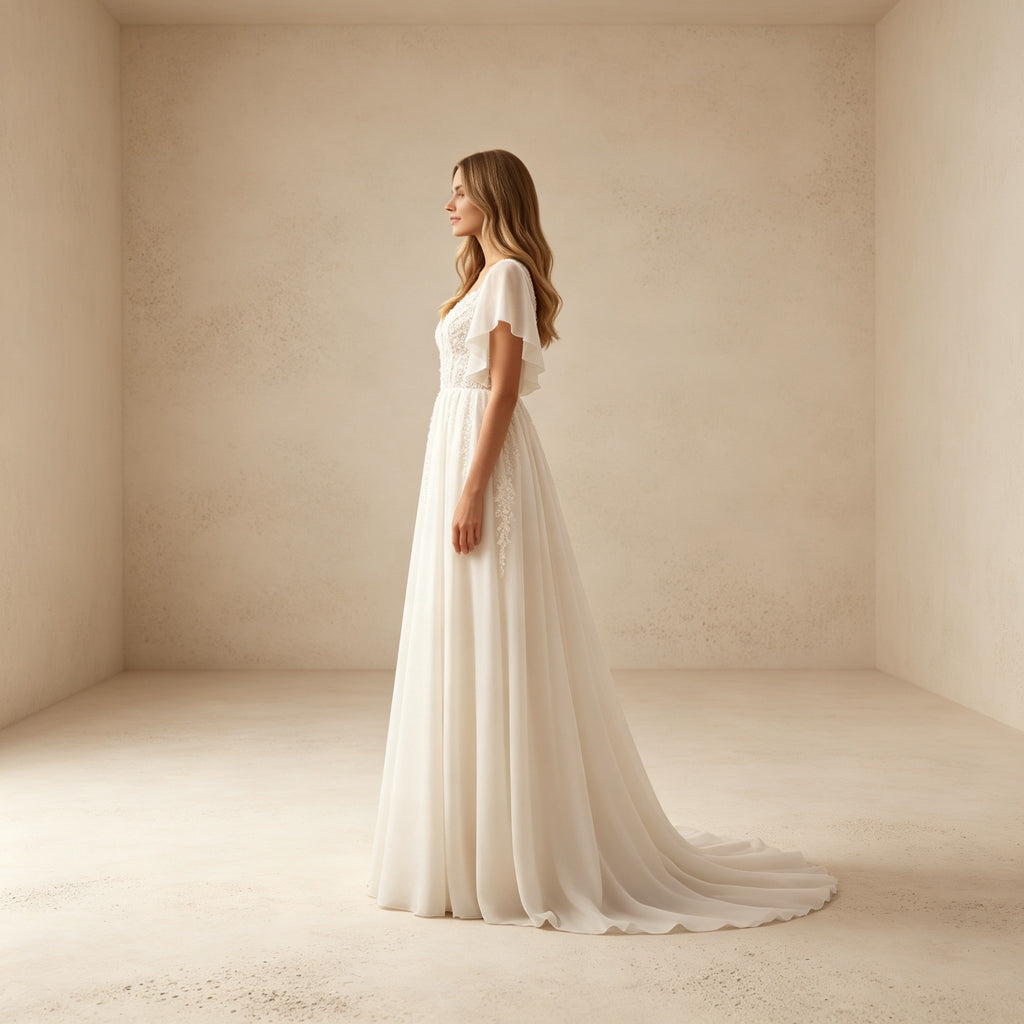 Romantisches Abendkleid im Boho-Stil mit Flatterärmeln | Flowy Maxikleid in Crèmeweiß