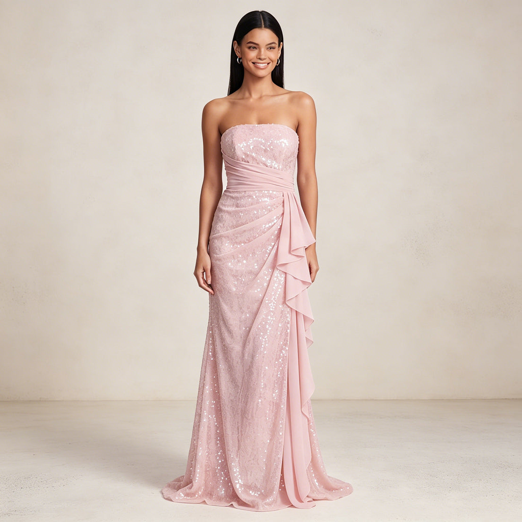 Rosa Trägerloses Abendkleid mit Pailletten – Elegante Robe mit seitlichen Volants