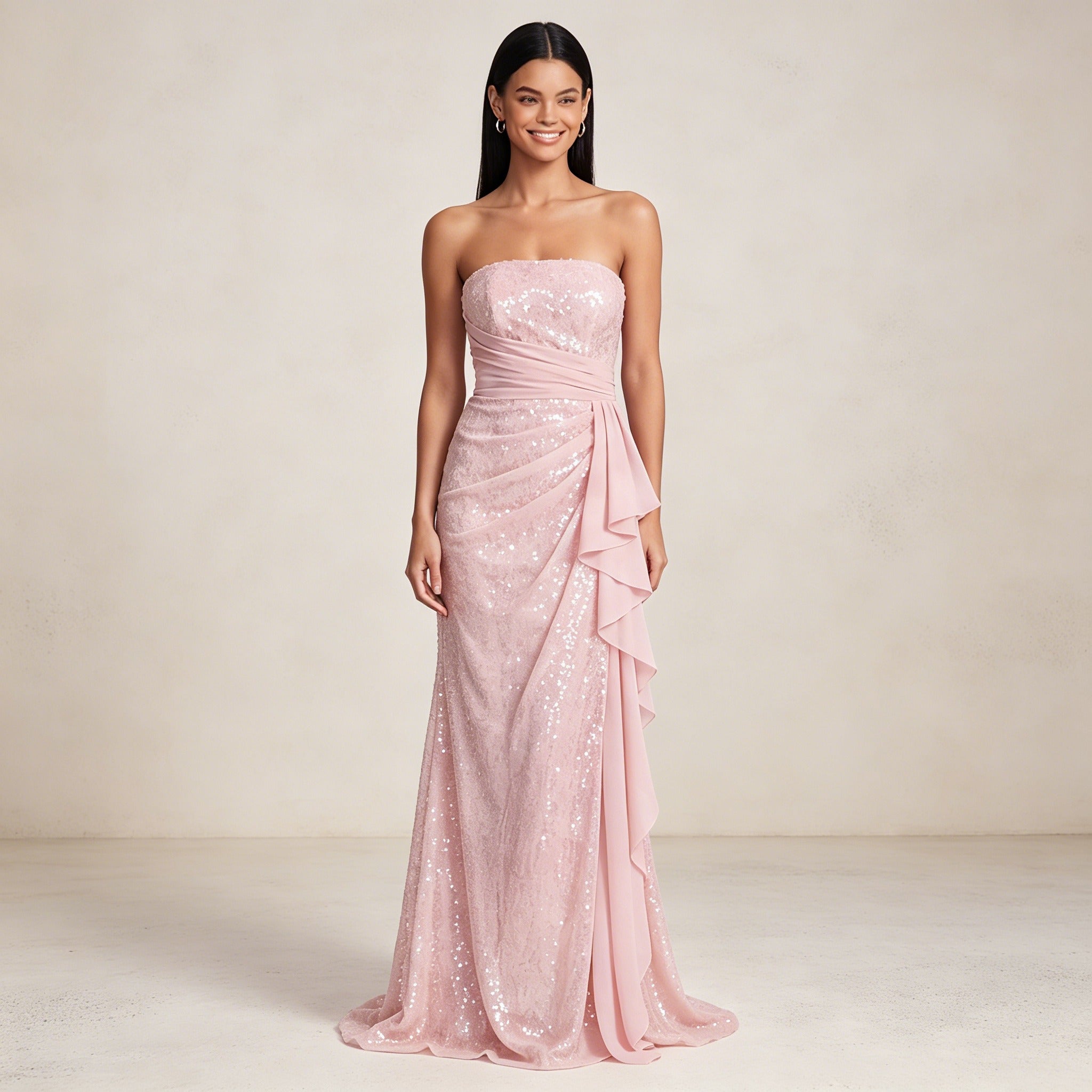 Rosa Trägerloses Abendkleid mit Pailletten – Elegante Robe mit seitlichen Volants