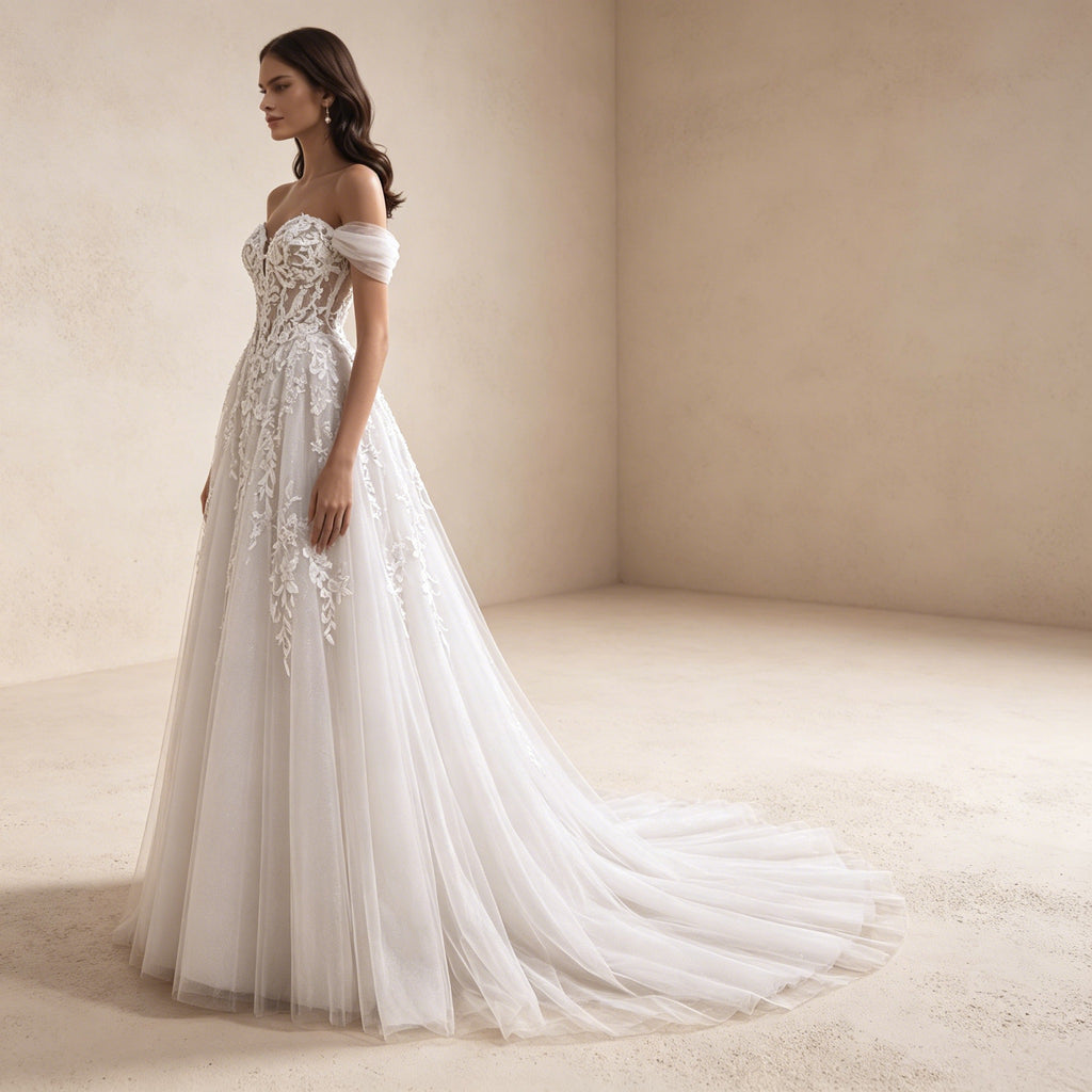 Romantisches Off-Shoulder Abendkleid mit Spitze | Bodenlanges Tüll-Maxikleid