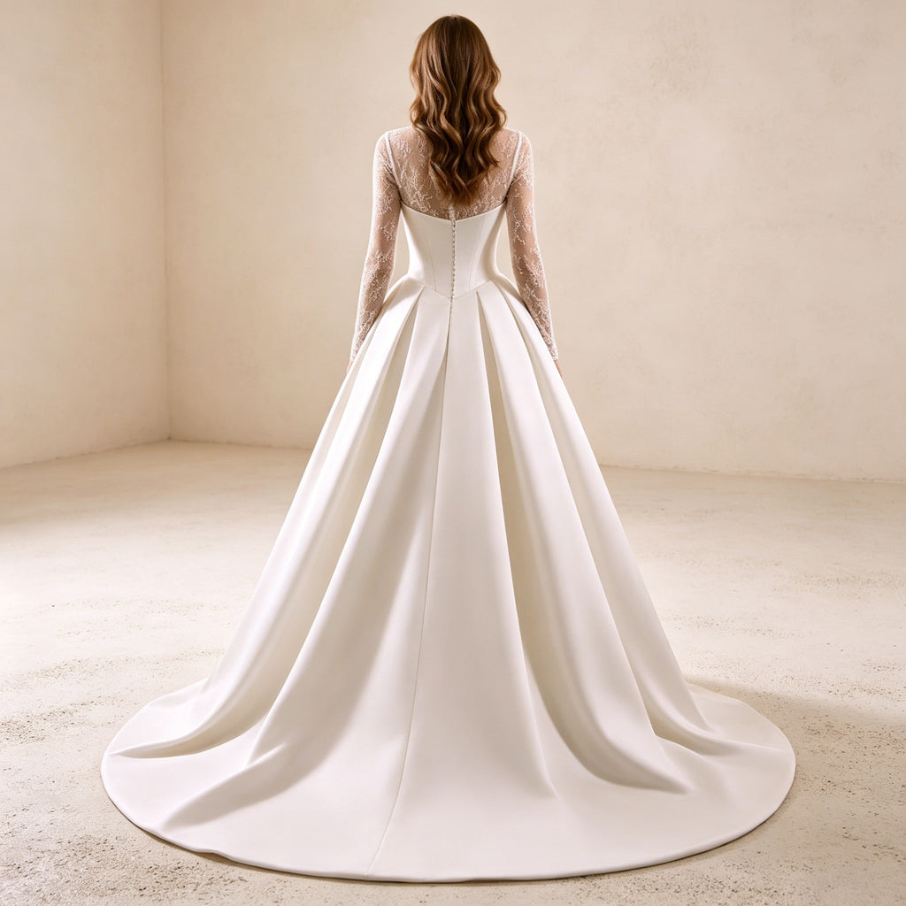 Elegant Abendkleid mit Stehkragen und Spitze | Langarm Satin-Korsett-Kleid Weiß