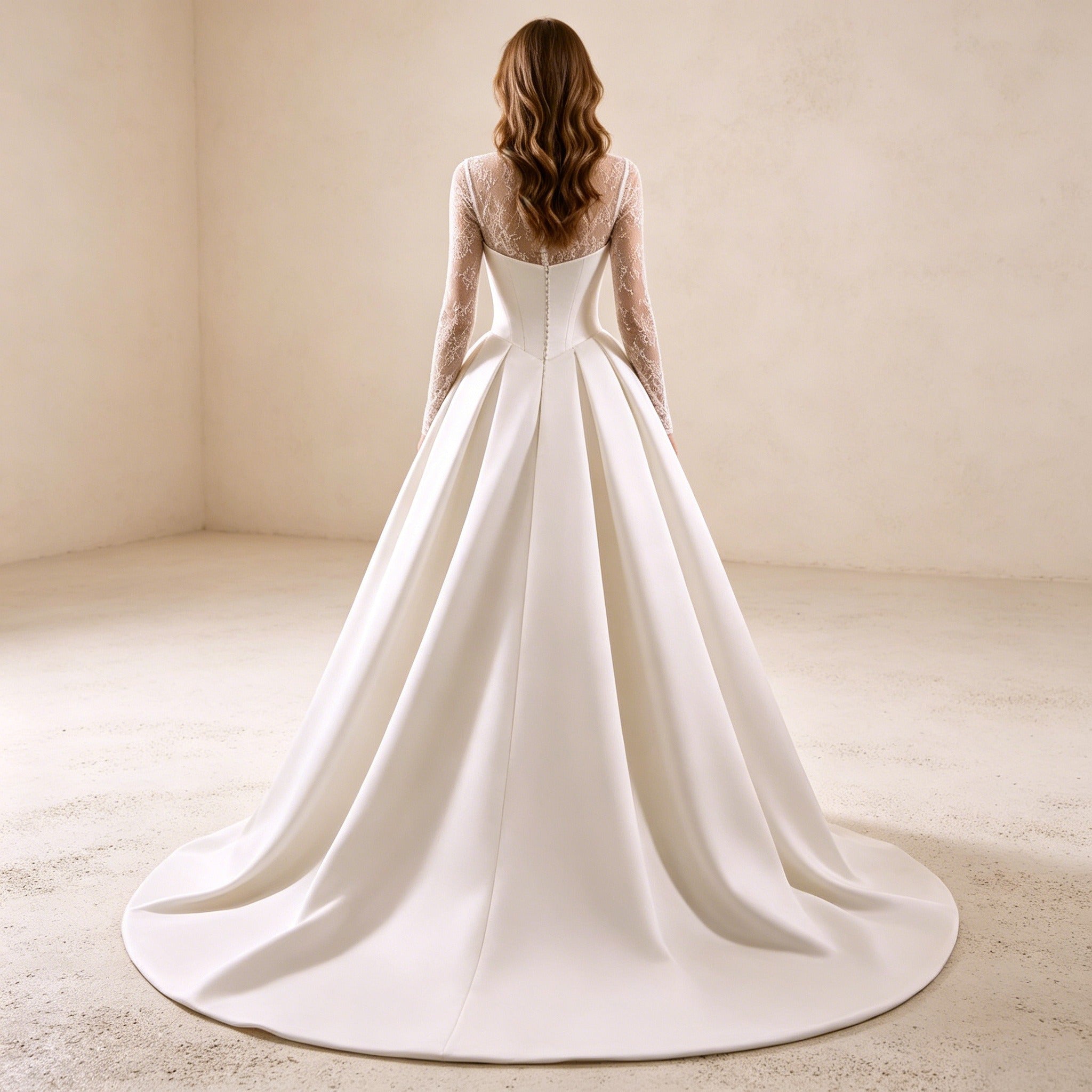 Elegant Abendkleid mit Stehkragen und Spitze | Langarm Satin-Korsett-Kleid Weiß
