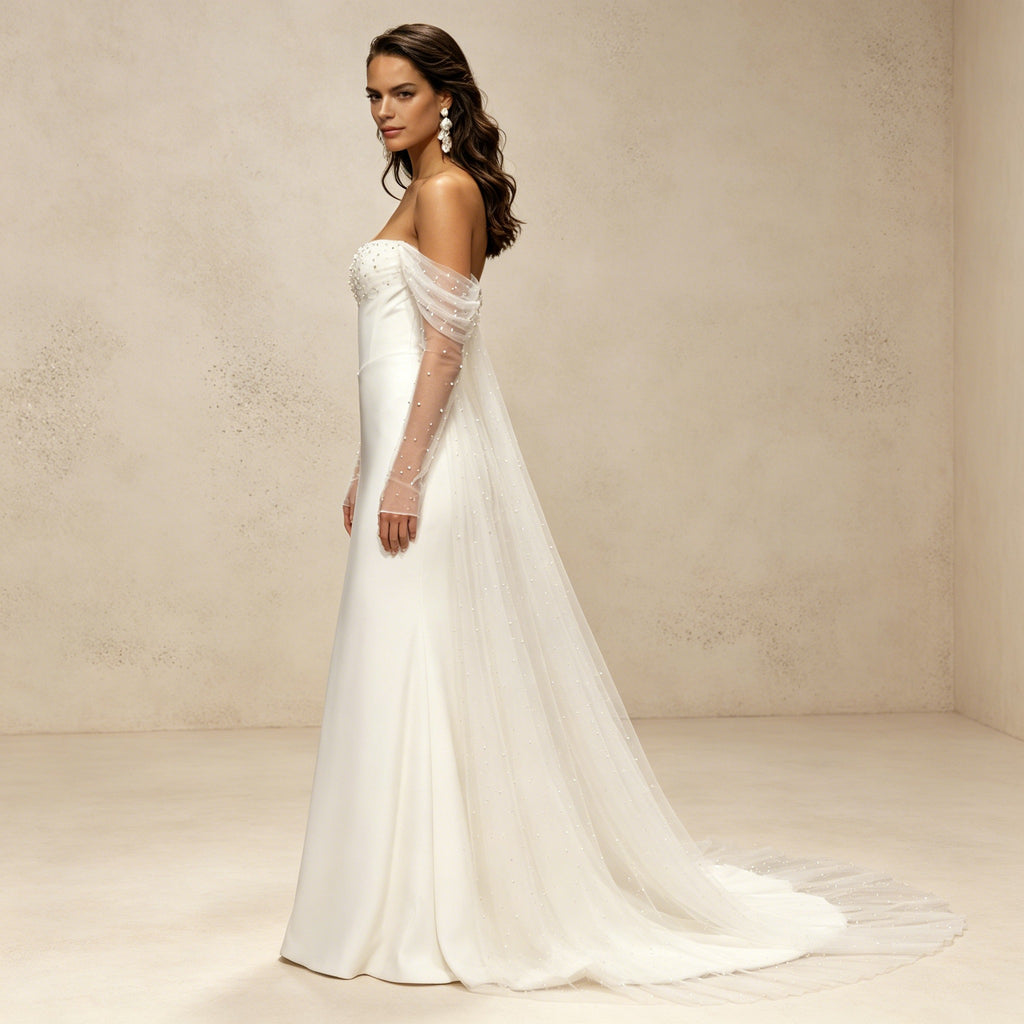 Schulterfreies Satin Abendkleid – Elegantes Maxikleid mit Perlen-Mesh-Ärmeln