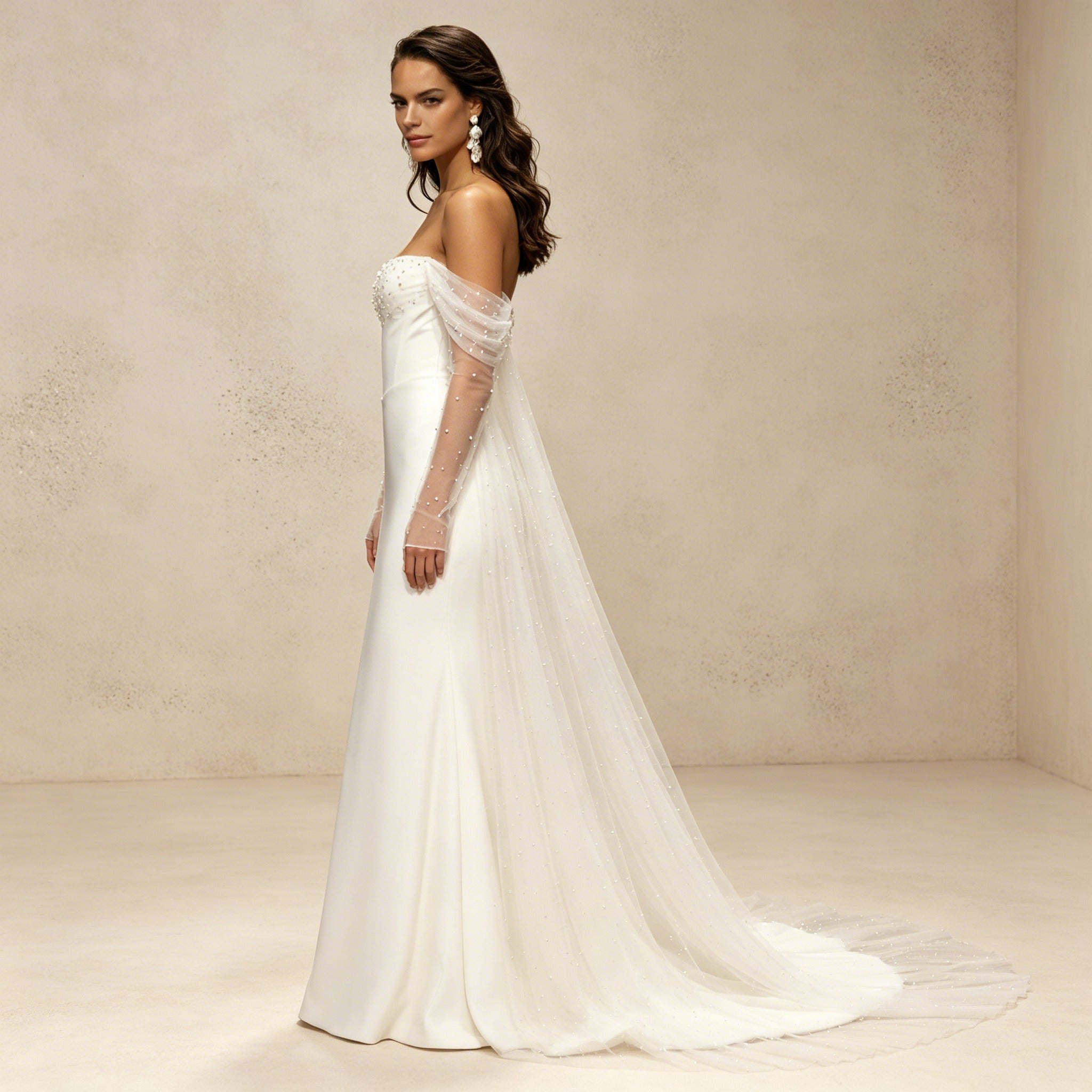 Schulterfreies Satin Abendkleid – Elegantes Maxikleid mit Perlen-Mesh-Ärmeln