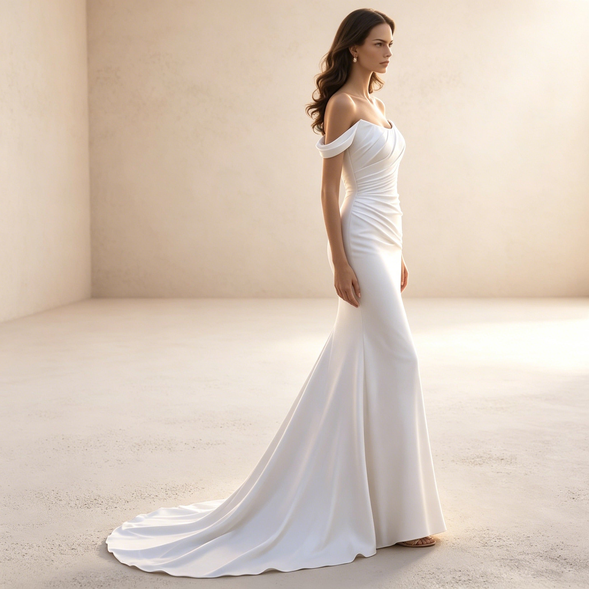 legantes Off-Shoulder Abendkleid in Crèmeweiß | Figurbetontes Maxikleid mit Raffung