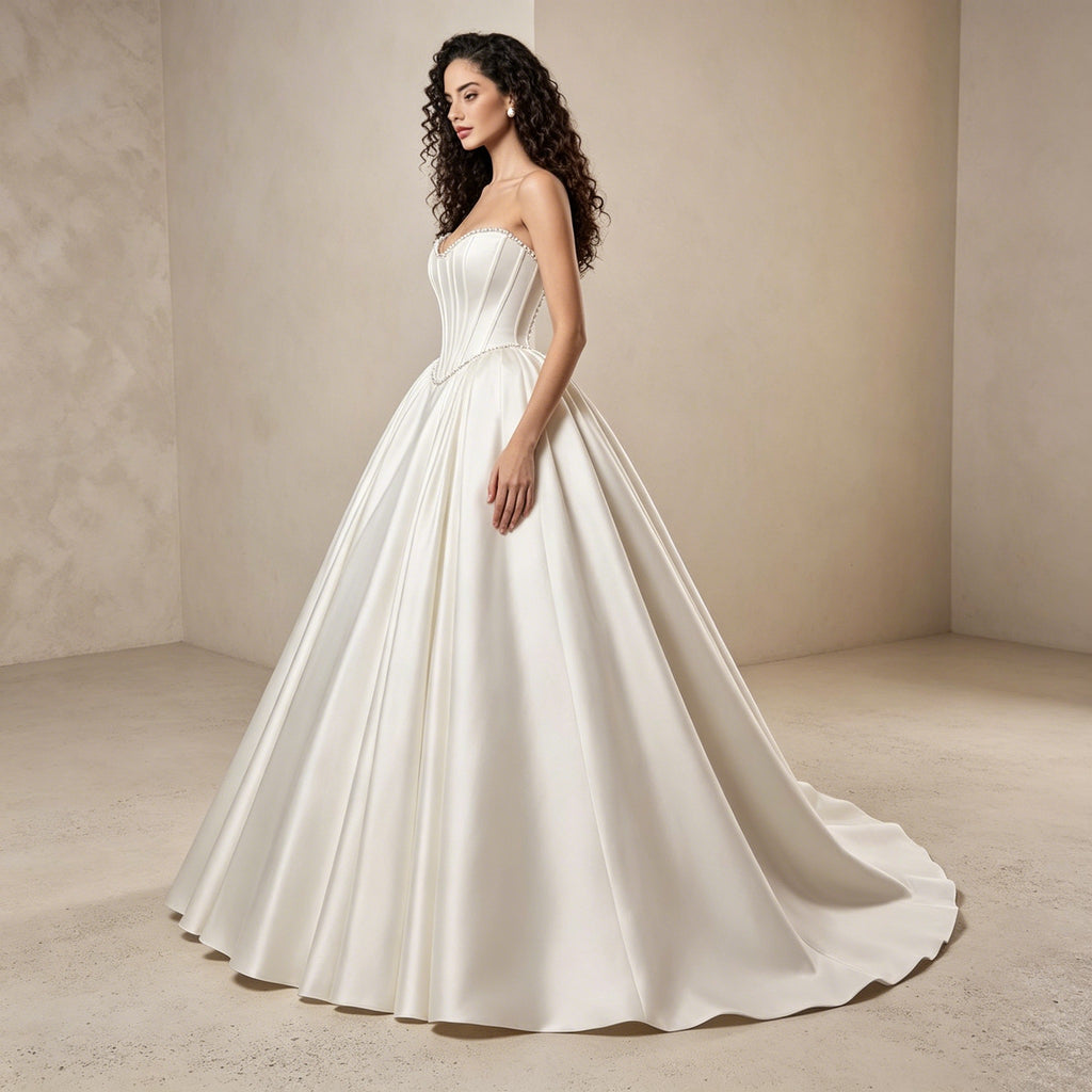 Trägerloses Satin-Abendkleid mit Korsage – Bodenlanges Ballkleid mit Kristallbesatz