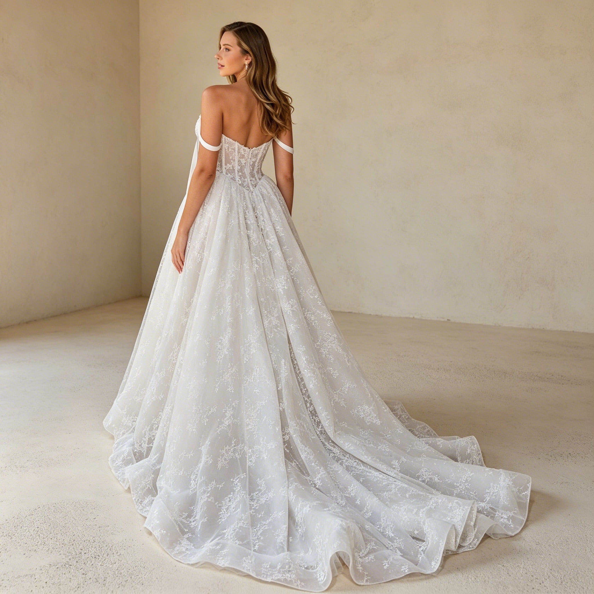 Romantisches Off-Shoulder Prinzessinnenkleid aus Spitze mit Schnürung