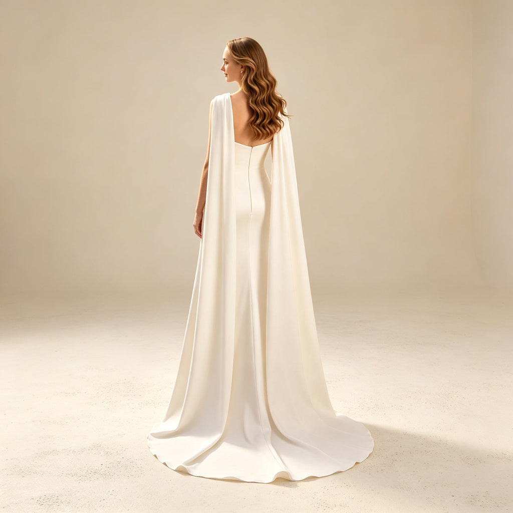 Elegantes Maxikleid mit Cape in Weiß – Figurbetontes langes Abendkleid mit Raffung