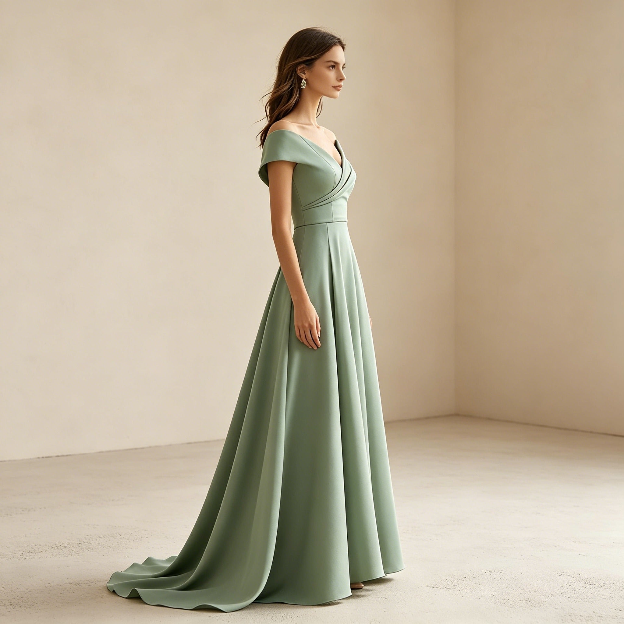 Salbeigrünes Off-Shoulder Abendkleid aus Satin – Elegante A-Linie-Robe mit Schleppe