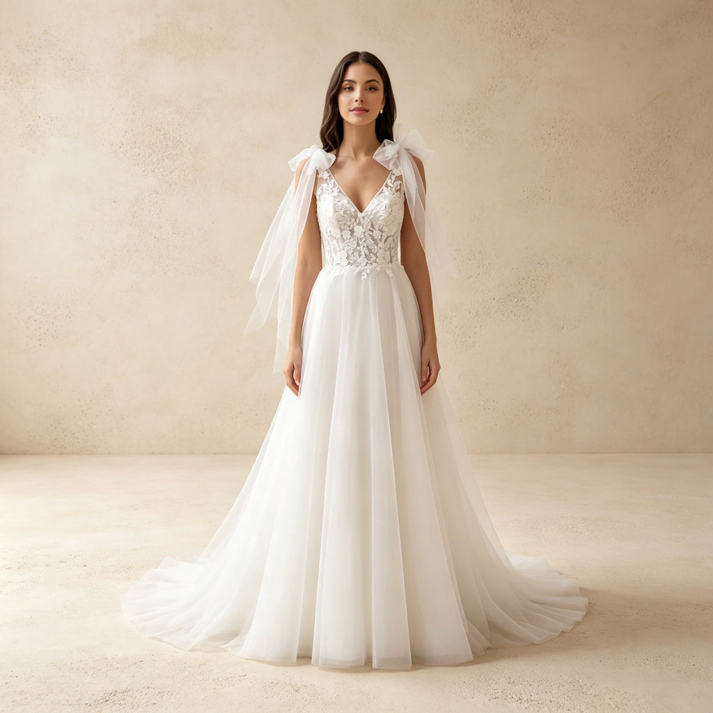 Elegantes Abendkleid Weiß mit Spitze | Maxikleid mit Tüllschleifen