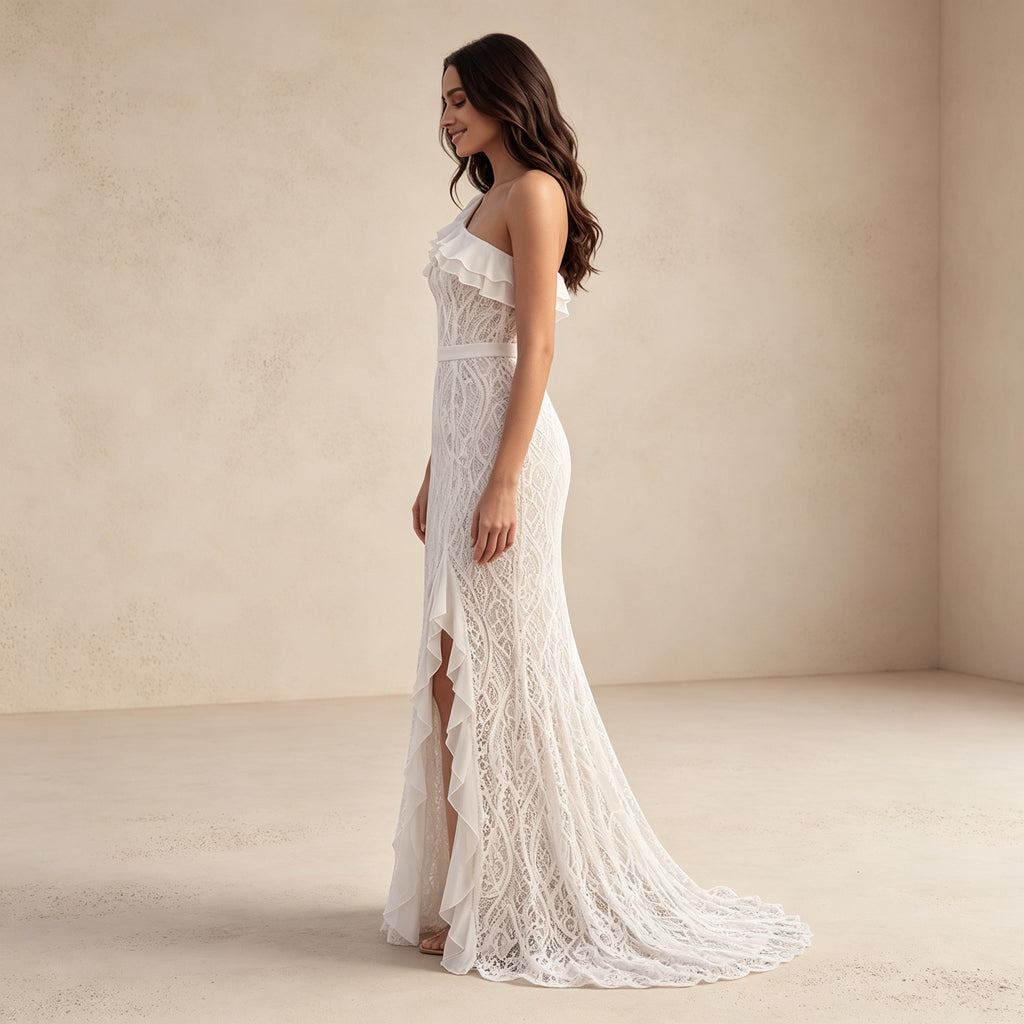 Elegantes One-Shoulder Abendkleid mit Volants – Figurbetontes Spitzenkleid in Weiß