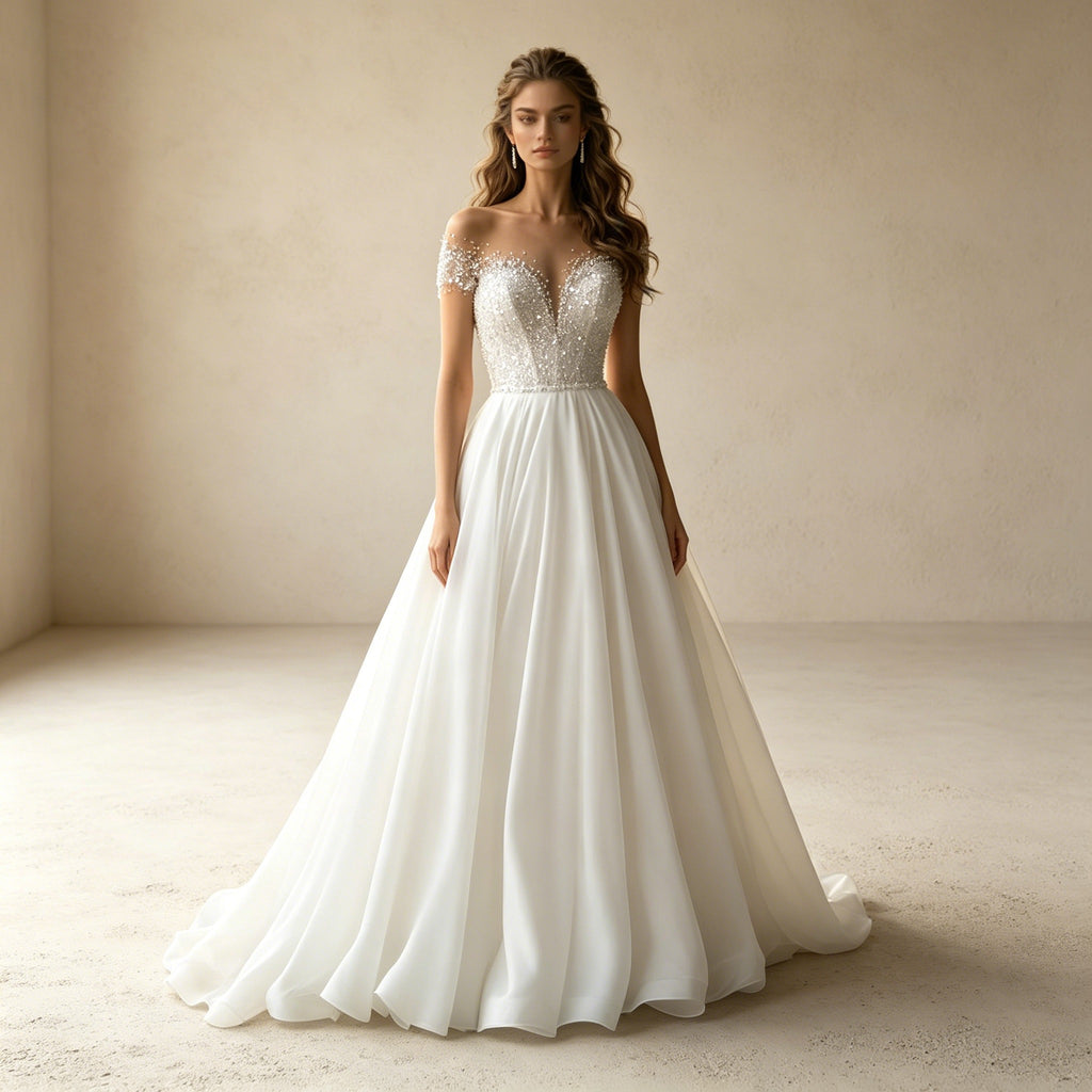 Off-Shoulder Abendkleid mit Pailletten-Corsage – Elegantes Maxi-Festkleid in Weiß