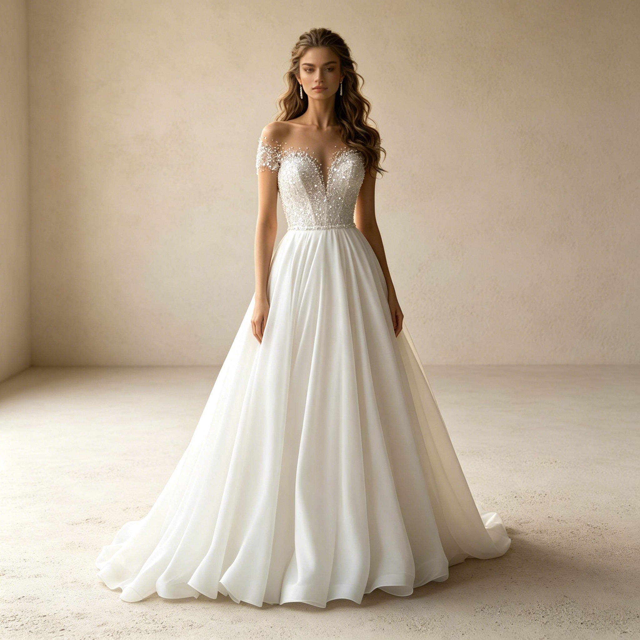 Off-Shoulder Abendkleid mit Pailletten-Corsage – Elegantes Maxi-Festkleid in Weiß